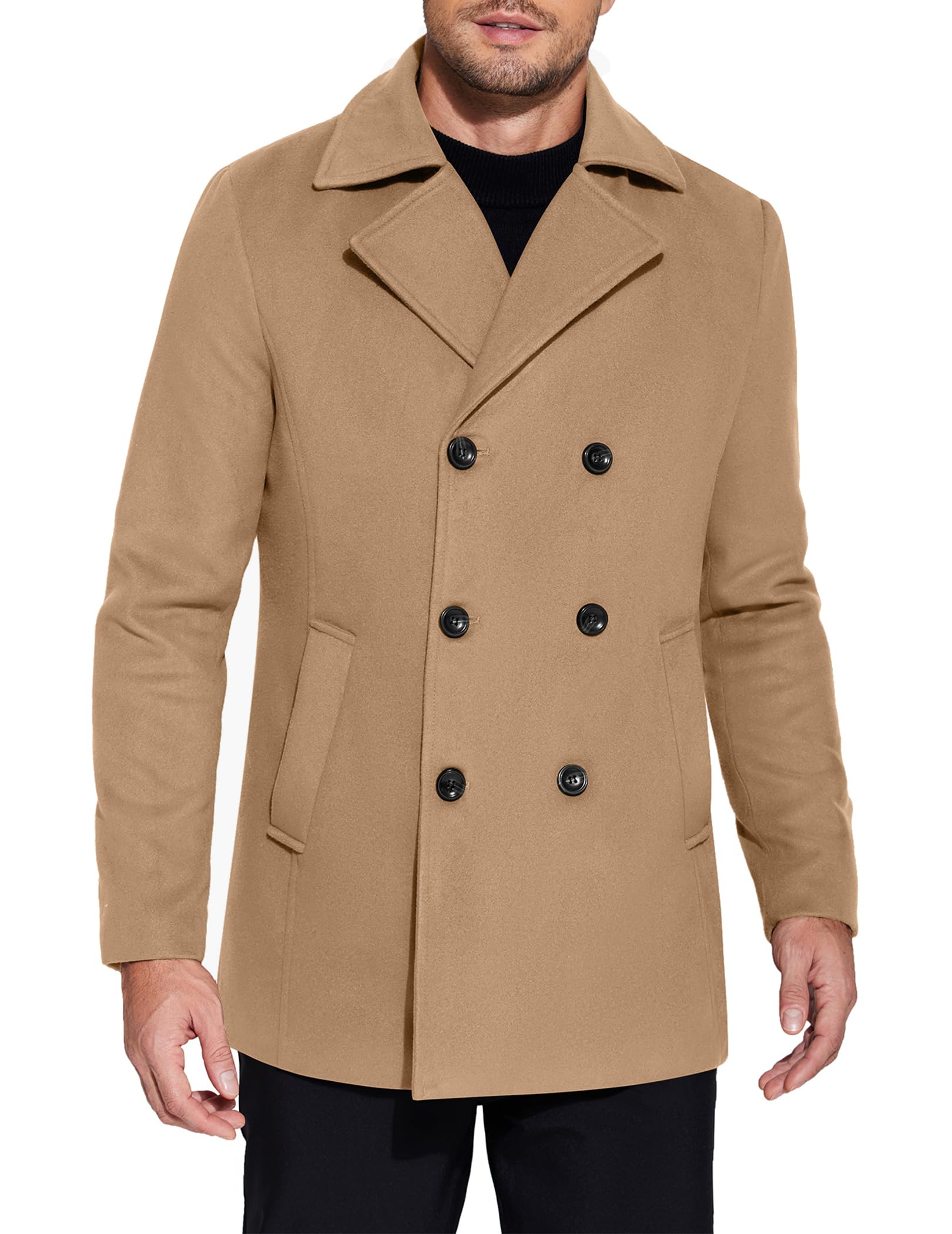 COOFANDY Men's Double Breasted Pea Coat Winter Overcoat Short Trench Coat Notched Collar