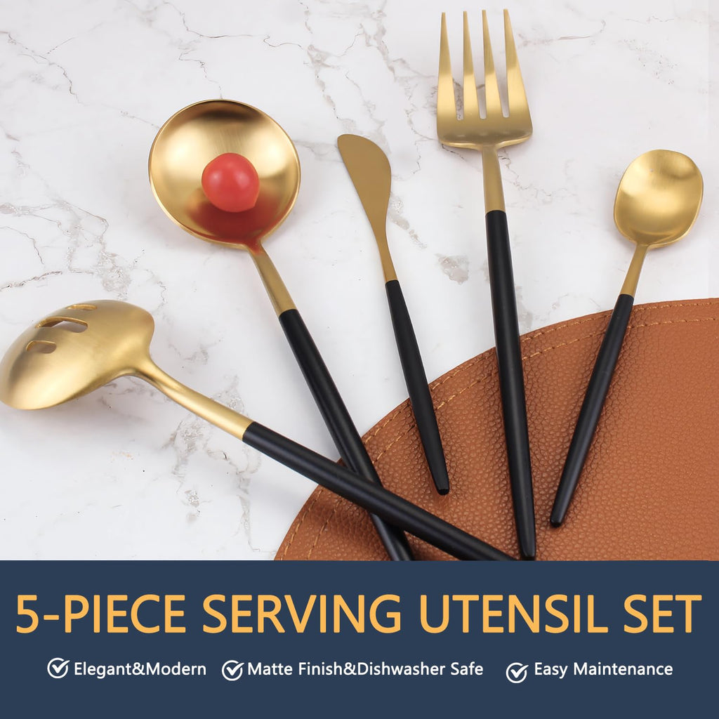Gold Stainless Steel Serving Utensils Set, 5 Pcs - 10.8 Inch Serving Fork, 10.3 Inch Slotted Spoon, Sugar Spoon, Butter Knife for Buffet