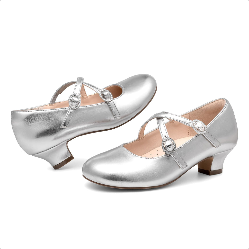 Dream Pairs Girls Dress Shoes Mary Jane High Heel Round Toe Straps Pumps Flower Wedding Party Princess Flats for Little/Big Kids