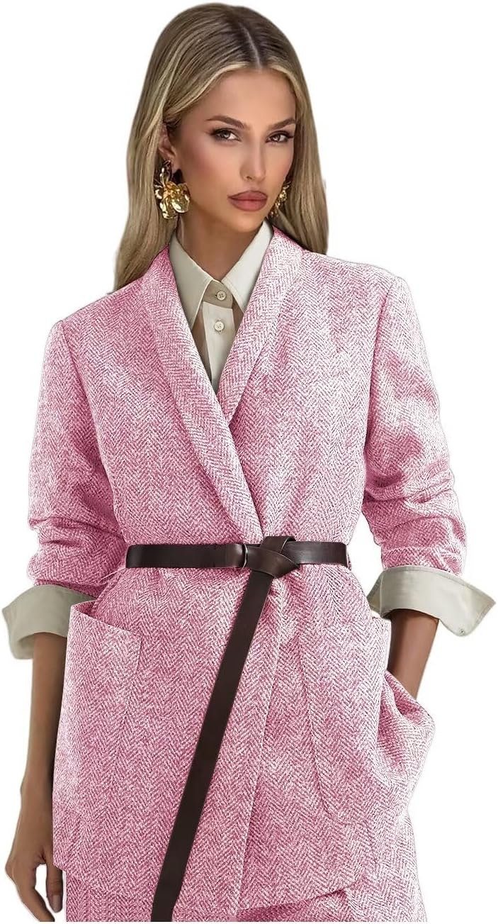 Tweed Suits for Women Dressy 2 Piece Herringbone Blazer and Pants with Belt Shawl Lapel Business Casual Outfits