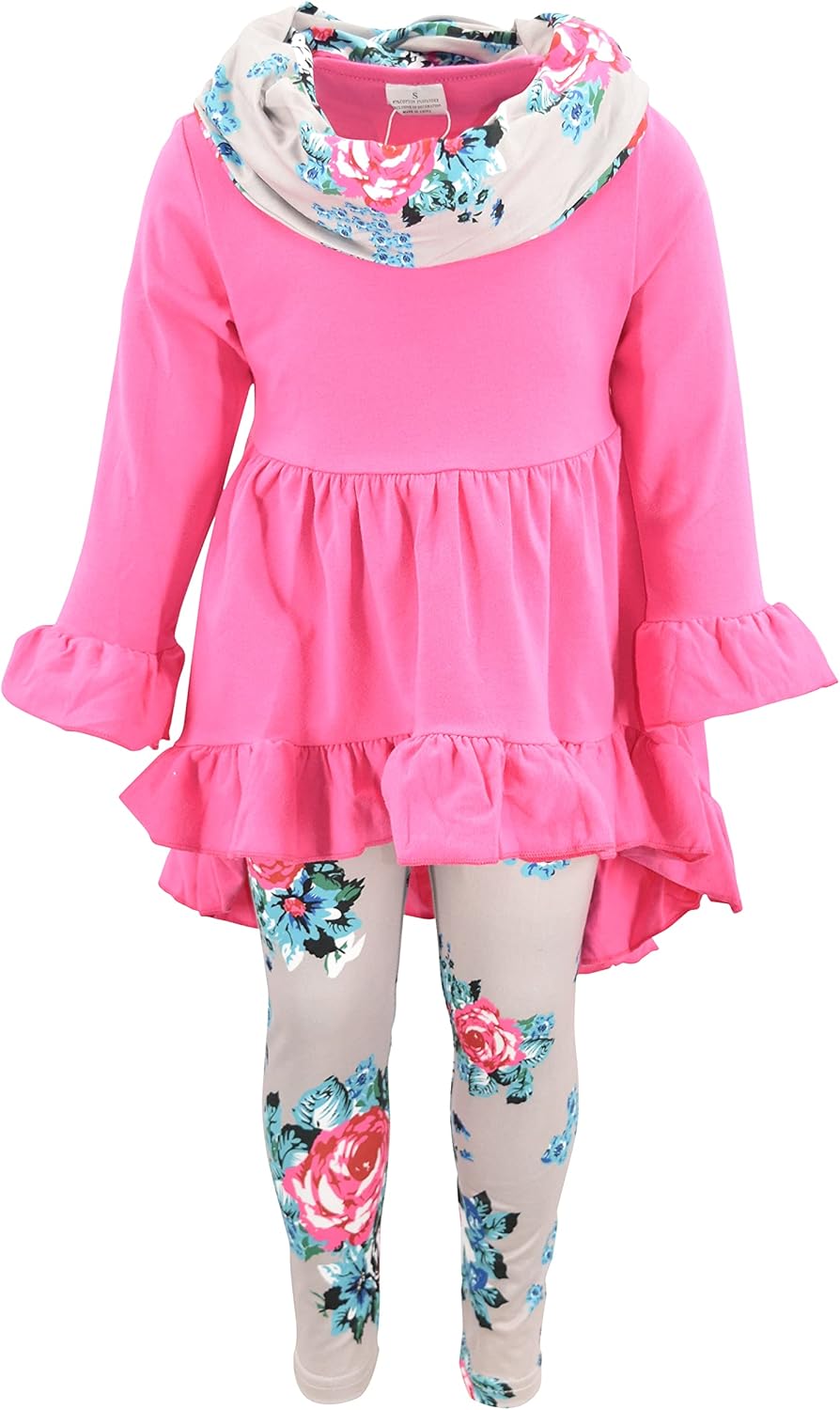 Unique Baby Girls Kids Toddler 3pc Outfit Set Long Sleeve Cotton Blend Tunic Top Leggings and Scarf