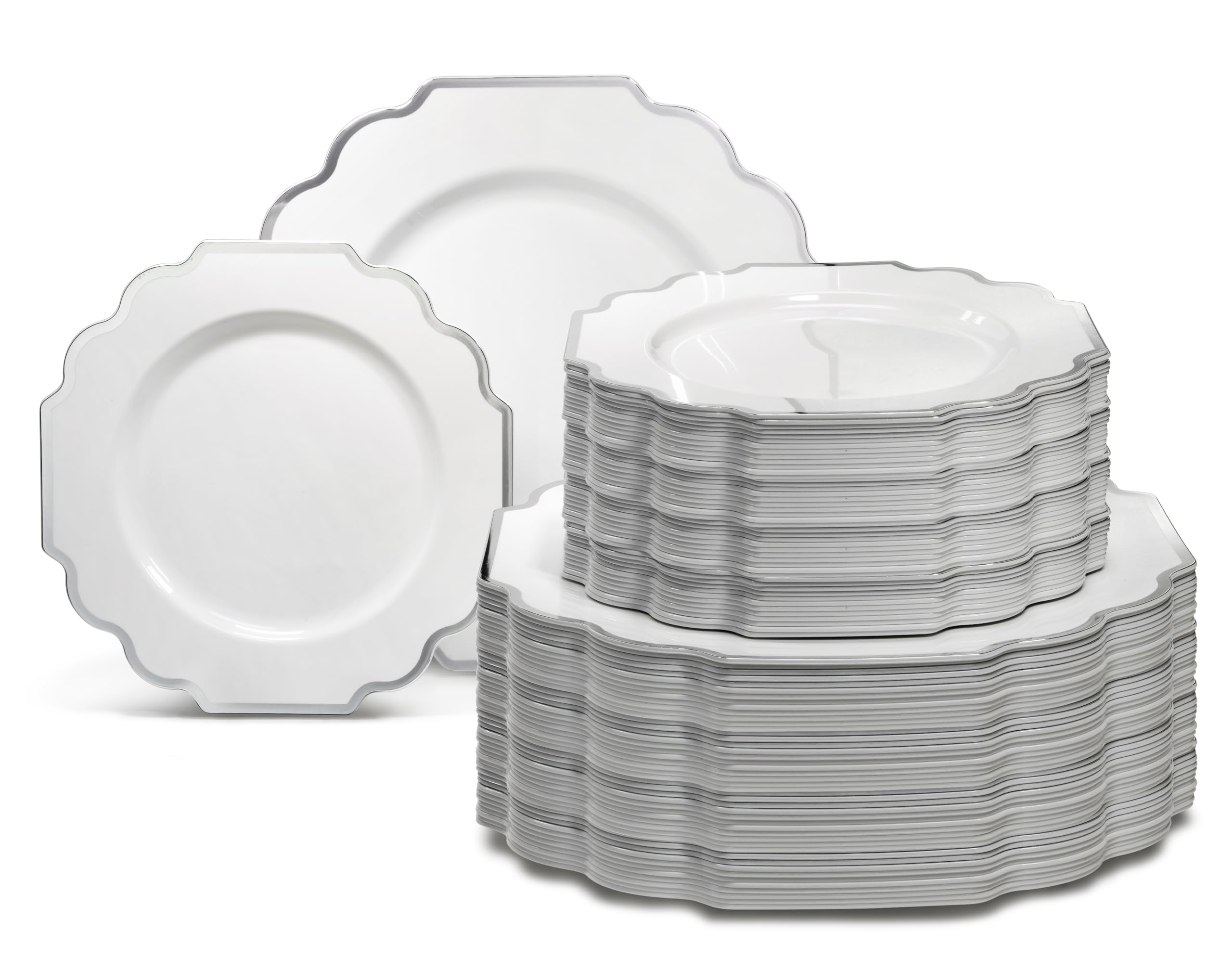 " OCCASIONS " 50 Plates Pack (25 Guests)-Heavyweight Wedding Party Disposable Plastic Plate Set -(25x10.5'' Dinner + 25x8'' Salad/Dessert) (Imperial White & Gold)