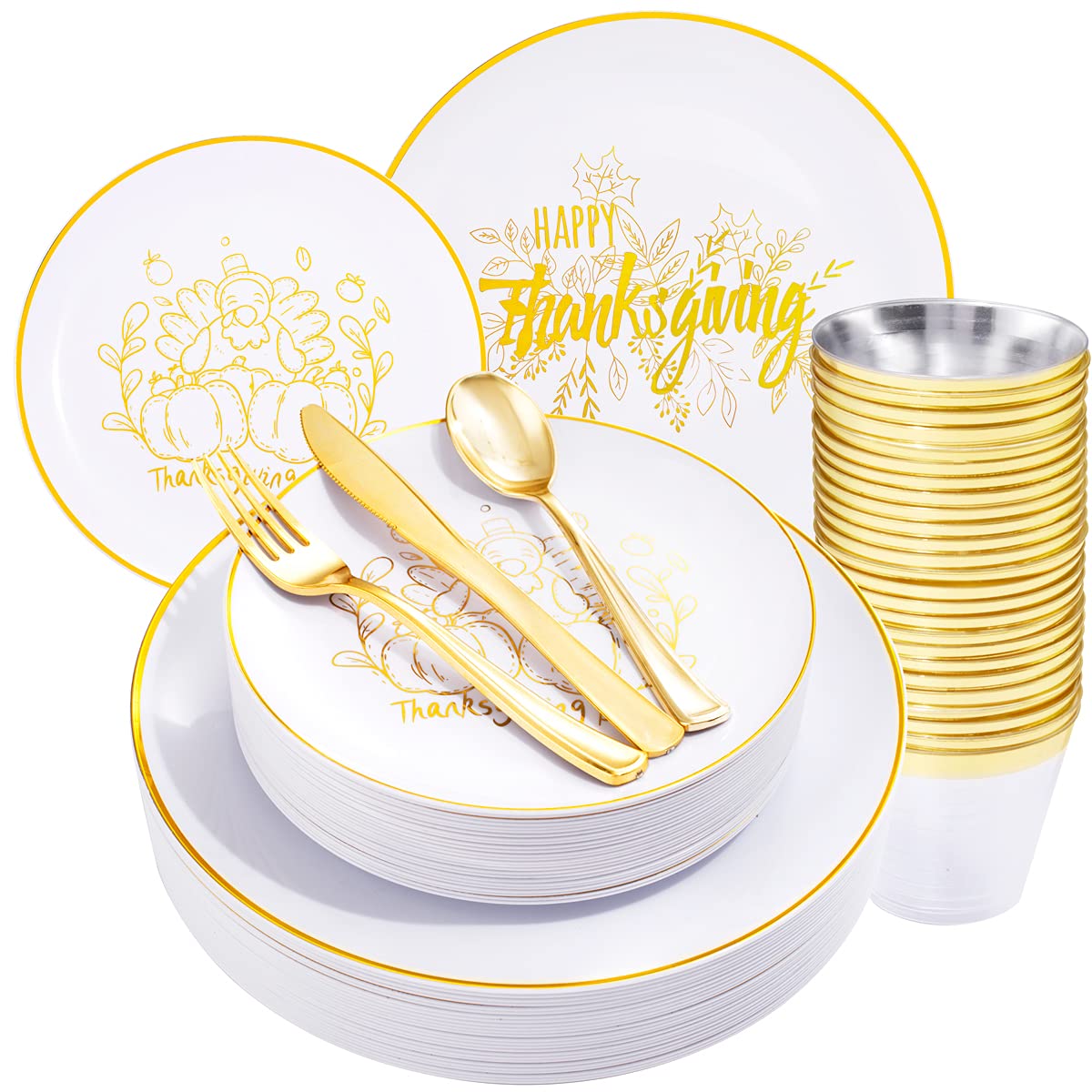 KIRE 150PCS Thanksgiving Plates Dinnerware Pumpkins - Plastic Thanksgiving Plates with Gold Silverware Include 25 for Dinner 25 for Salad 25Forks 25Knives 25Spoons 25Gold Cups