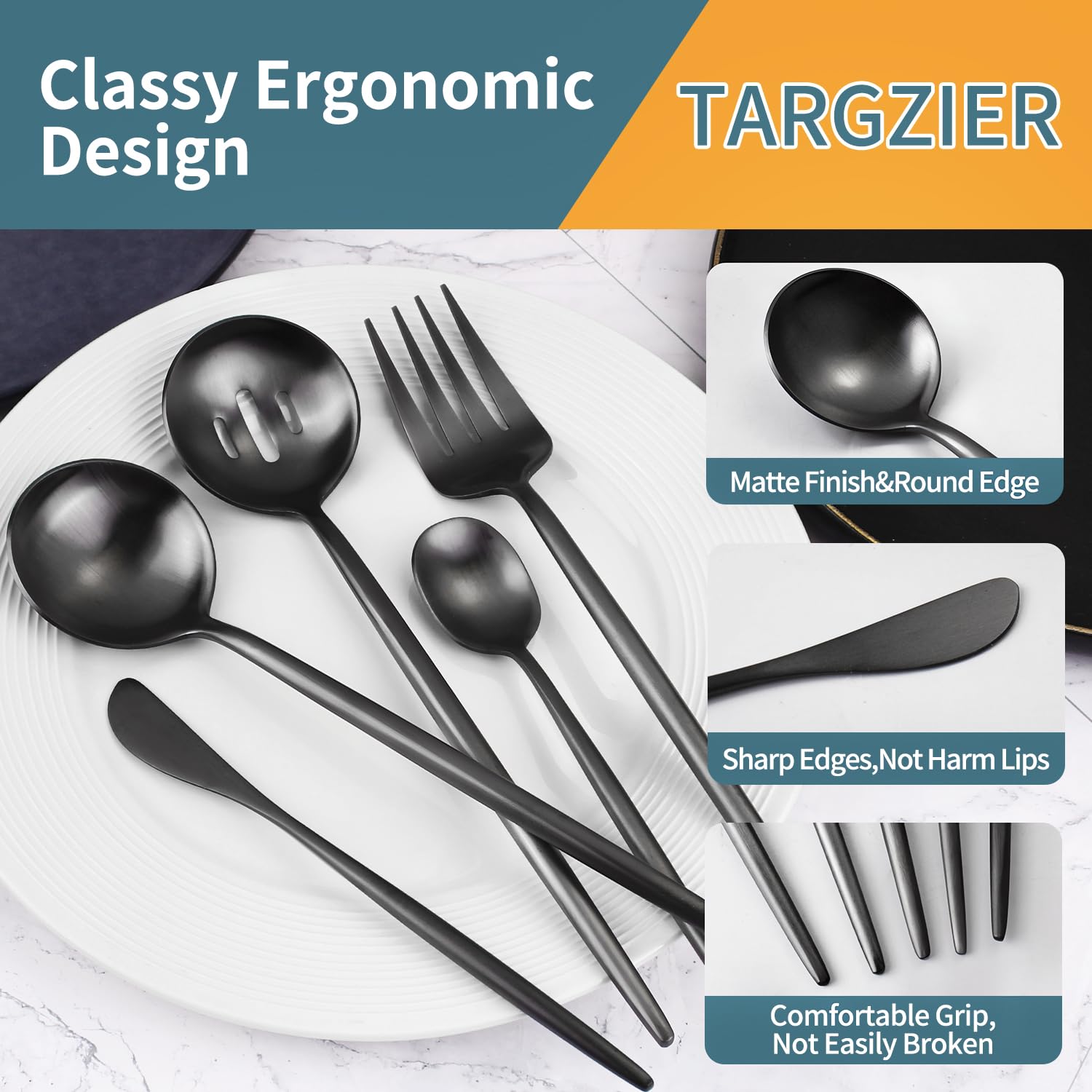 Gold Stainless Steel Serving Utensils Set, 5 Pcs - 10.8 Inch Serving Fork, 10.3 Inch Slotted Spoon, Sugar Spoon, Butter Knife for Buffet