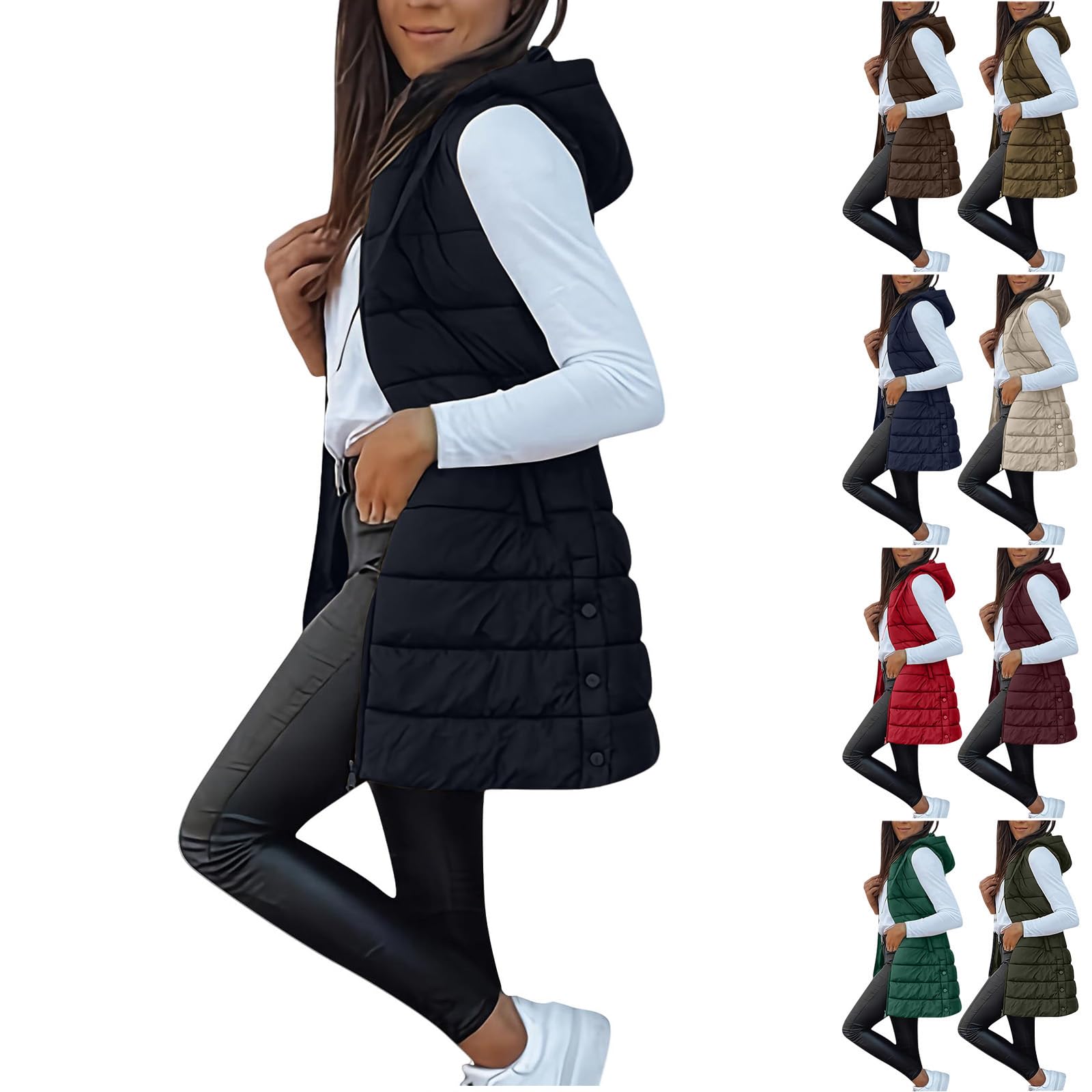 Long Puffer Vest Women Sleeveless Full Zip Up Puffy Jackets Quilted Padded Fall Coats Winter Outerwear