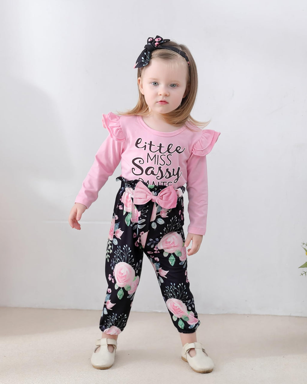 YALLET 3Pcs Toddler Girl Clothes Solid Color Long Sleeves Ruffle Top+Floral Pants+Headband 1-6 Years Fall/Winter Outfits Set