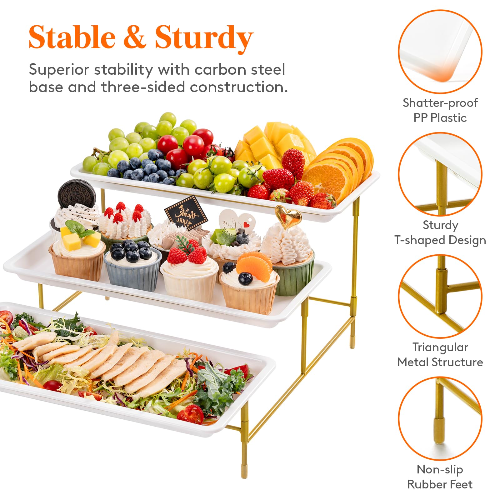Lifewit 3 Tier Serving Tray for Party, 12" x 6.5" Plastic Tiered Food Serving Platters, White Rotatable Tiered Tray Stand with Gold Collapsible Metal Stand, Dessert Table Display Set for Buffet