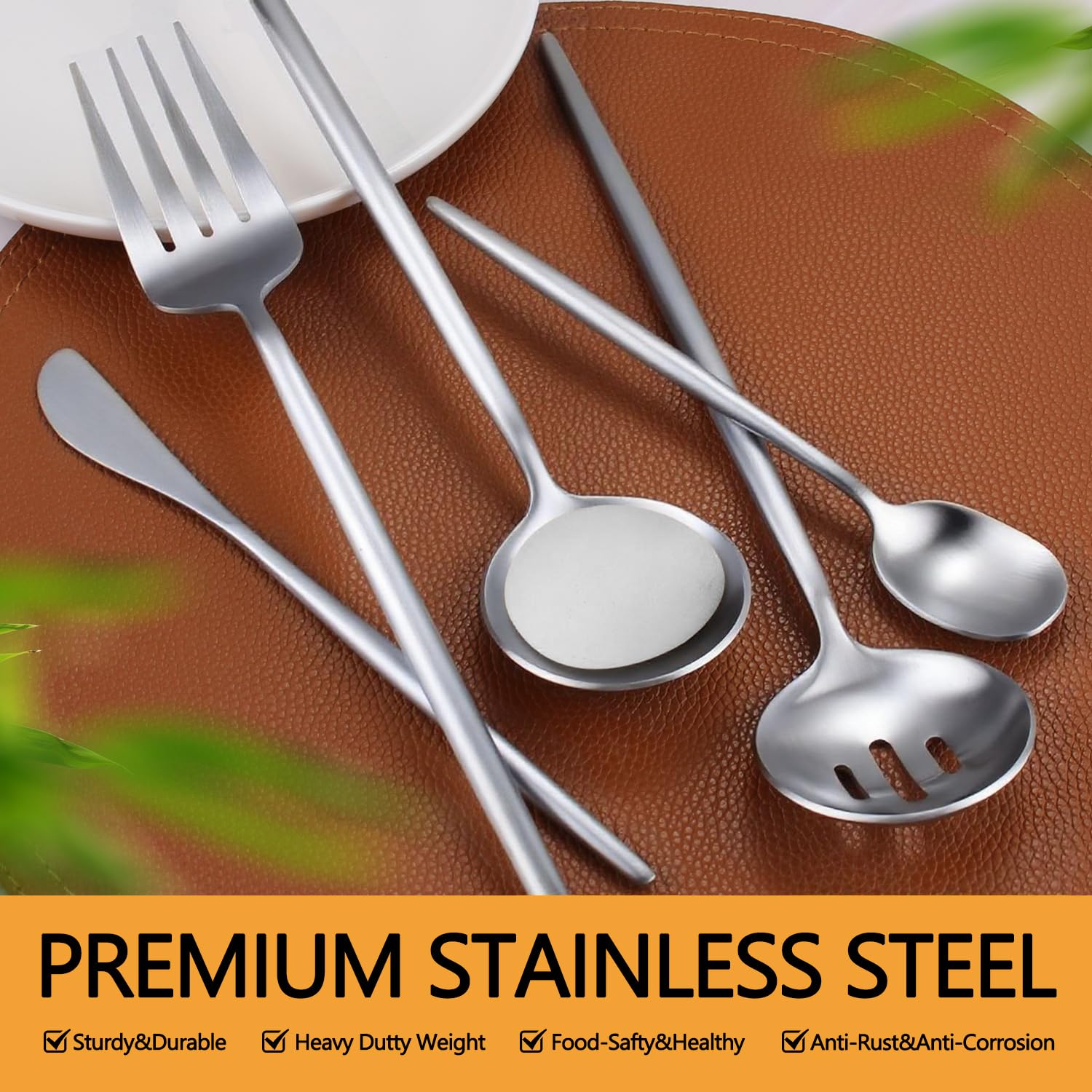 Gold Stainless Steel Serving Utensils Set, 5 Pcs - 10.8 Inch Serving Fork, 10.3 Inch Slotted Spoon, Sugar Spoon, Butter Knife for Buffet