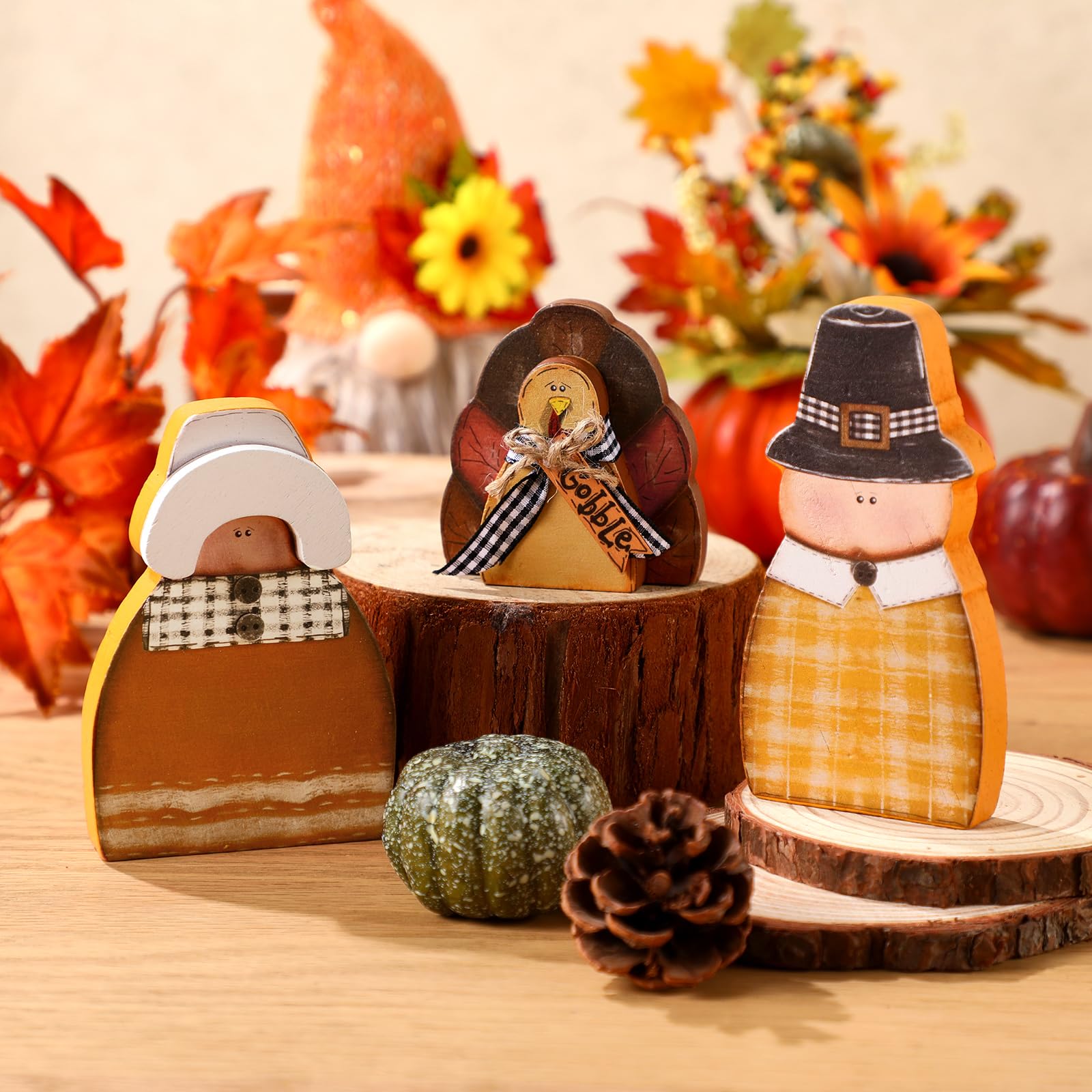 3 Pcs Fall Thanksgiving Decorations Fall Wooden Turkey Pilgrim Couple Table Sign Thanksgiving Standing Tabletop Decor for Autumn Harvest Indoor Tabletop(Turkey)