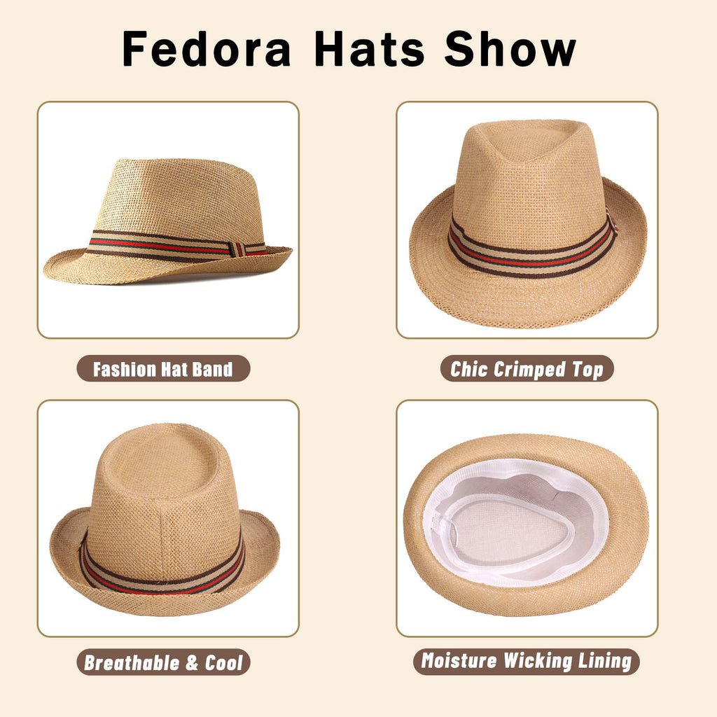 Forwe 4 Pack Straw Fedora Hat for Men Women Short Brim Trilby Hat Classic Panama Summer Beach Sun Hat