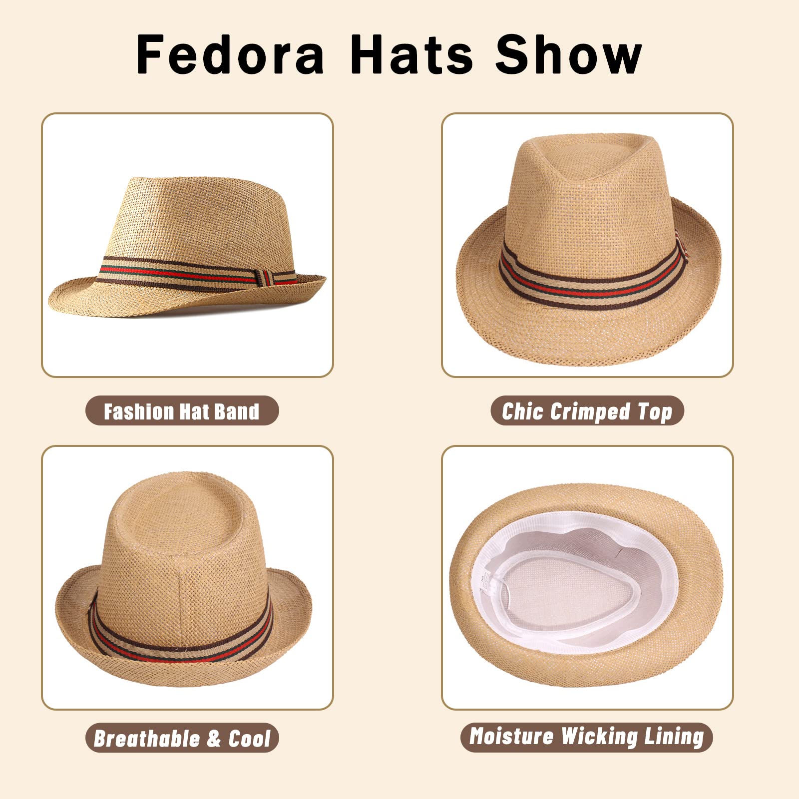 Forwe 4 Pack Straw Fedora Hat for Men Women Short Brim Trilby Hat Classic Panama Summer Beach Sun Hat