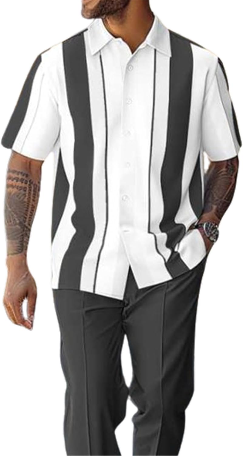 TIFIYA Men's Short Sleeve 2 Piece Leisure Suits,Shirts and Pants Set,Fashion Gentleman Attire Outfits S-5XL