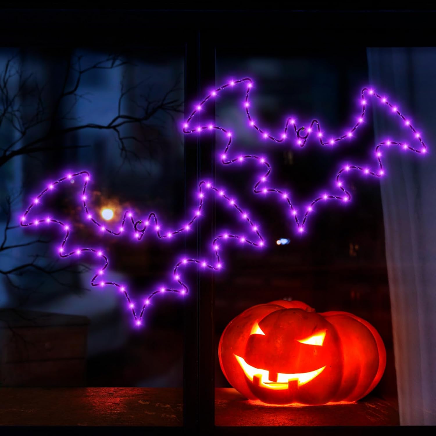 Halloween Decorations, 2 Pack Bat Window Lights, 8 Modes Battery Operated Halloween Lights with Timer, Waterproof Window Silhouette Light for Indoor Window Door Yard Party Decor