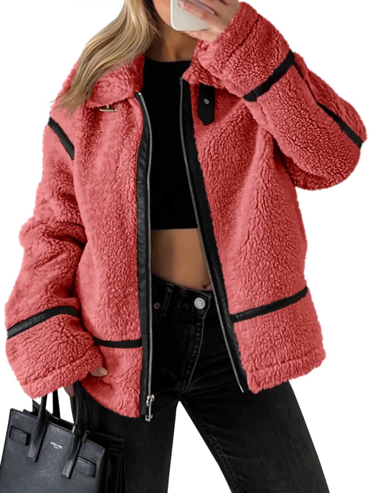 Tankaneo Womens Faux Fur Jackets Winter Trendy Sherpa Moto Leather Patchwork Zip Up Coat