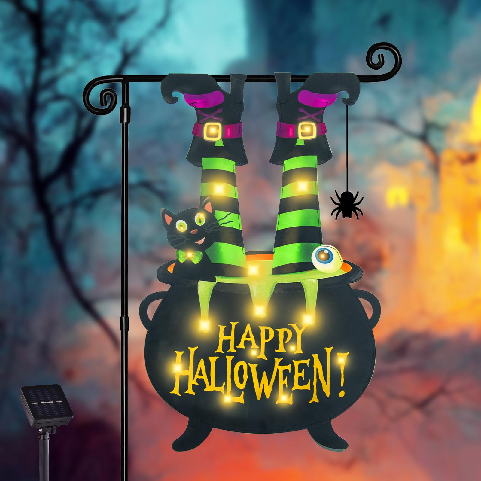 Halloween Lighted Garden Flag for Outside, Led Solar Yard Flag 8 Modes Witch Feet Shape Flag, 12x18 Double Sided Cauldron Eyeball Black Cat Decorations for Home Porch