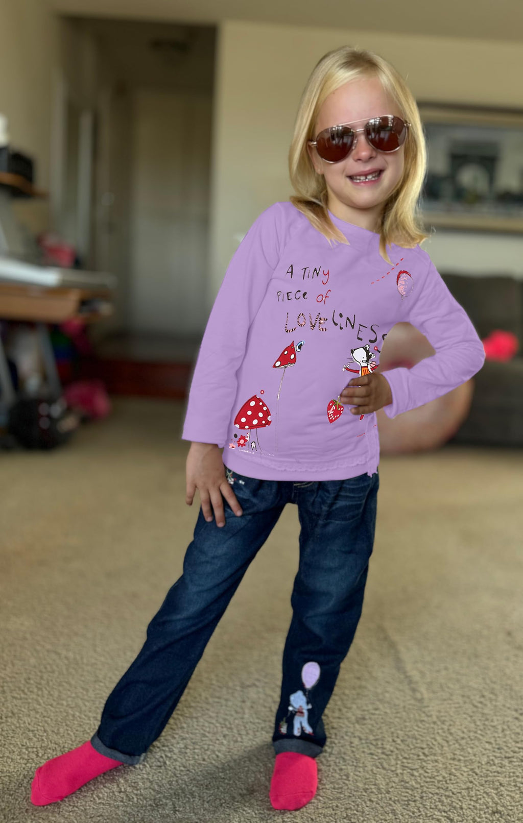 LUKYCILD Toddler Girl Clothes Baby Girl Long Sleeve Top + Jeans Pants with Pockets 2 Piece Outfit Cartoon Clothing Set