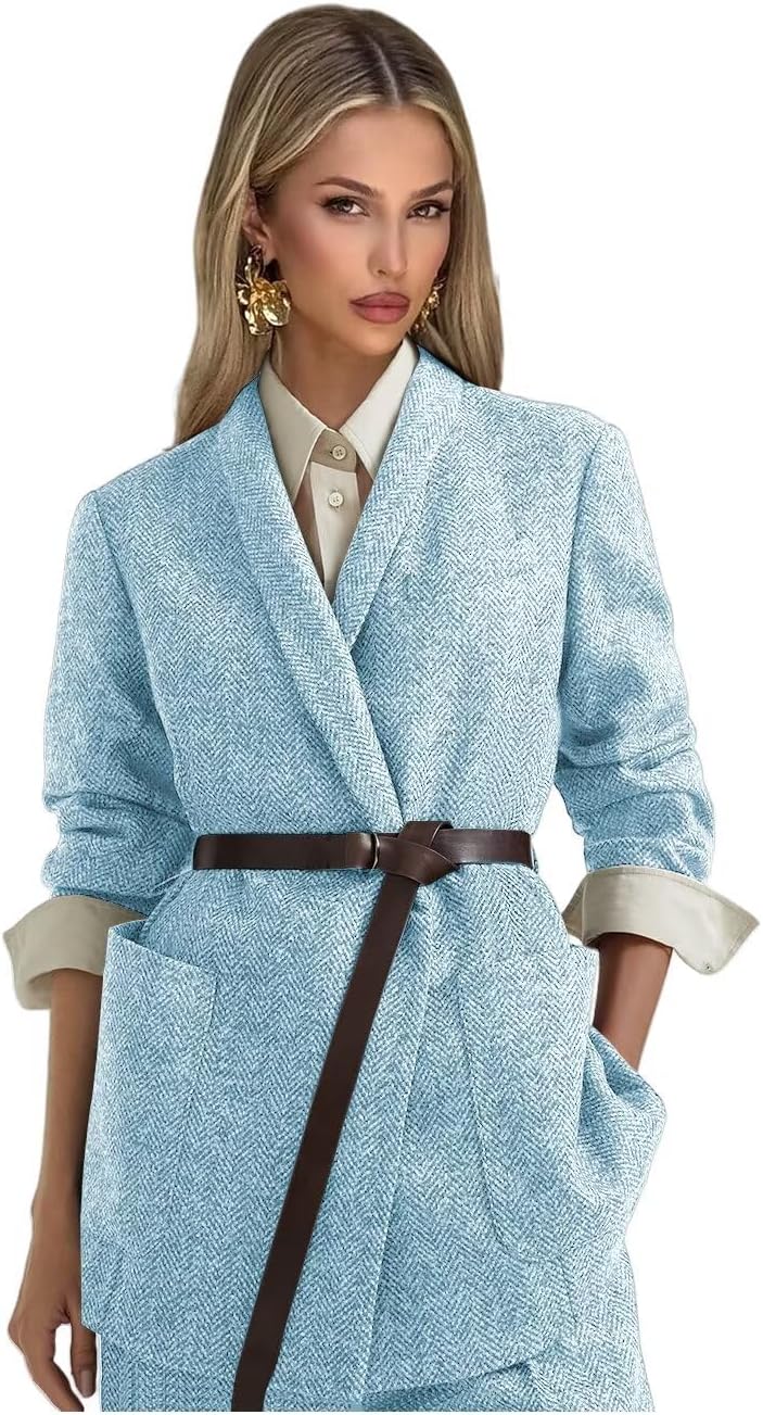 Tweed Suits for Women Dressy 2 Piece Herringbone Blazer and Pants with Belt Shawl Lapel Business Casual Outfits