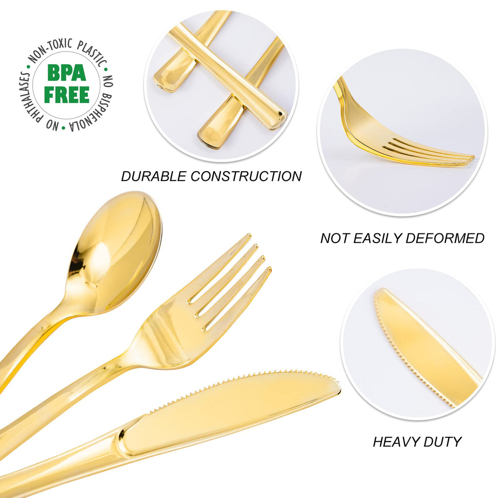 N9R 300PCS Gold Plastic Silverware, Heavy Duty Gold Plastic Cutlery Set Disposable Flatware Dinnerware, 100 Forks, 100 Spoons, 100 Knives, Perfect for Party, Wedding and Daily Use