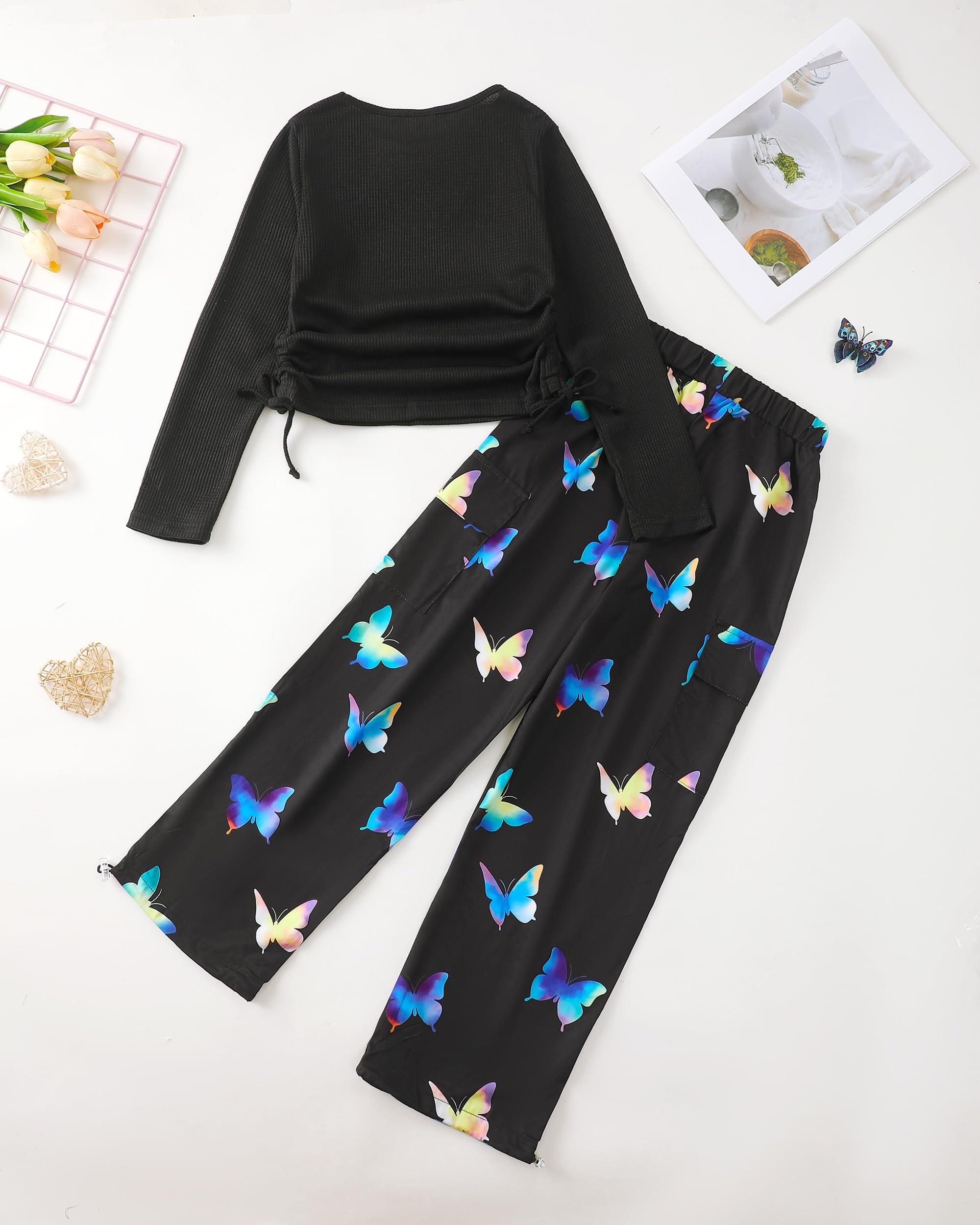 Girls Clothes Tween Girl Clothing Long Sleeve Ruched Drawstring Ribbed Knit Top Camo Cargo Pants Fall Winter Outfits