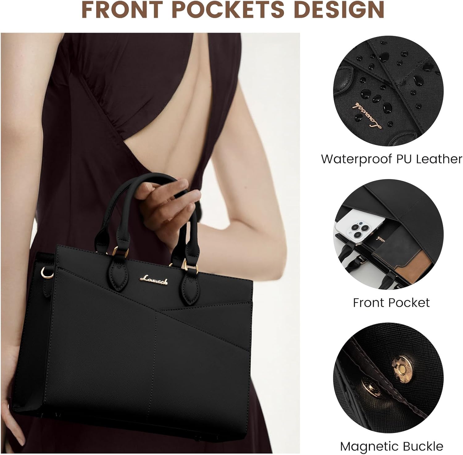 LOVEVOOK Purses for Women,Satchel Handbags Tote Bag, Black Pu Leather Shoulder Crossbody Top Handle Purse with Zipper