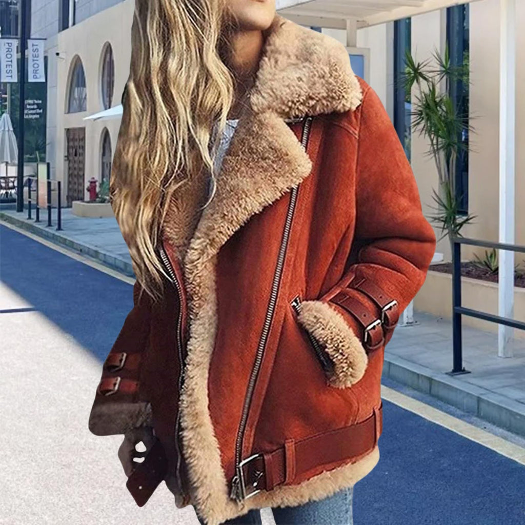 Women Sherpa Lined Coat Lapel Zip Up Winter Thicked Outwear Oversized Leather Faux Suede Fleece Shearling Jacket