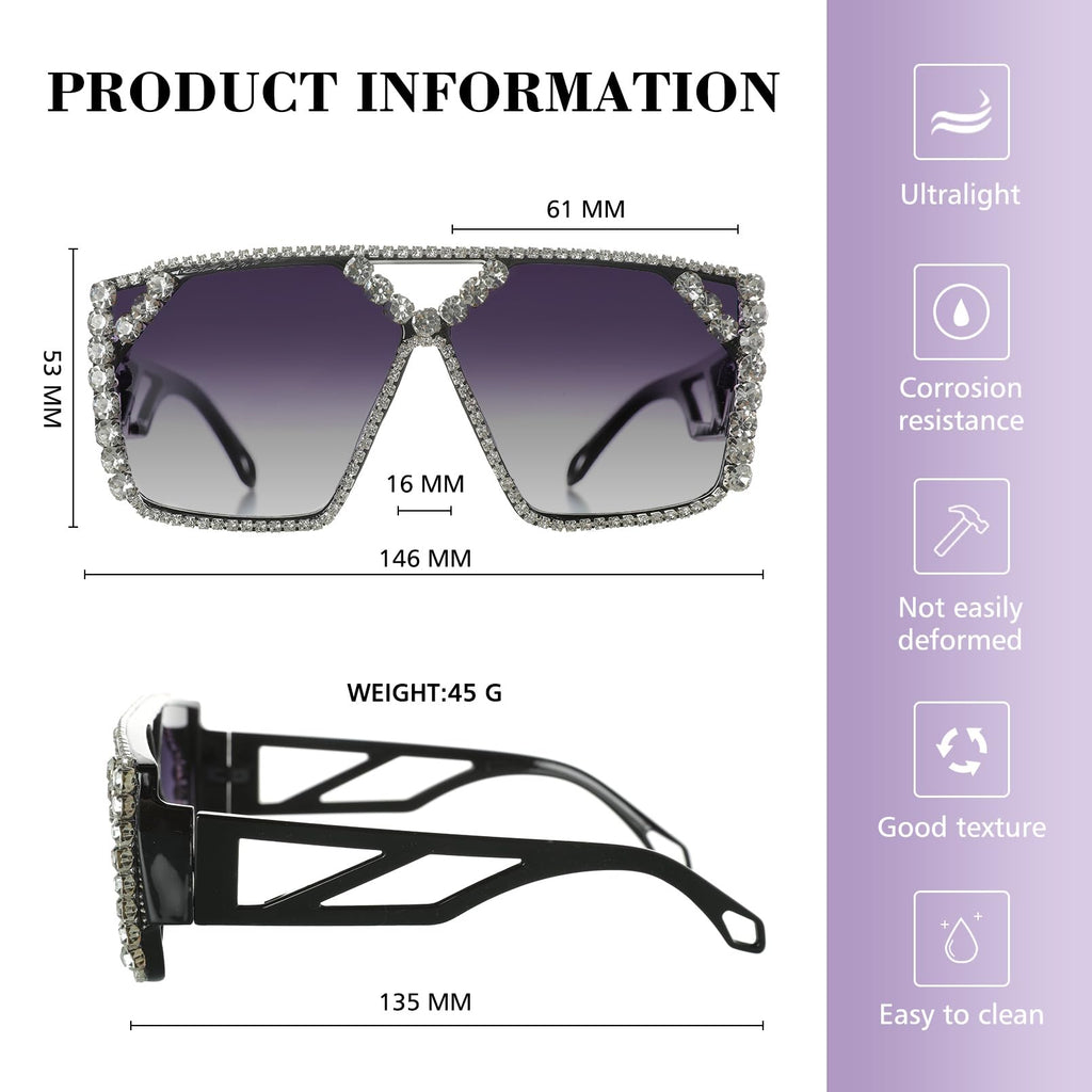YOGFIT Oversized Square Diamond Sunglasses for Women Fashion Sparkling Crystal Retro Disco Sunglasses
