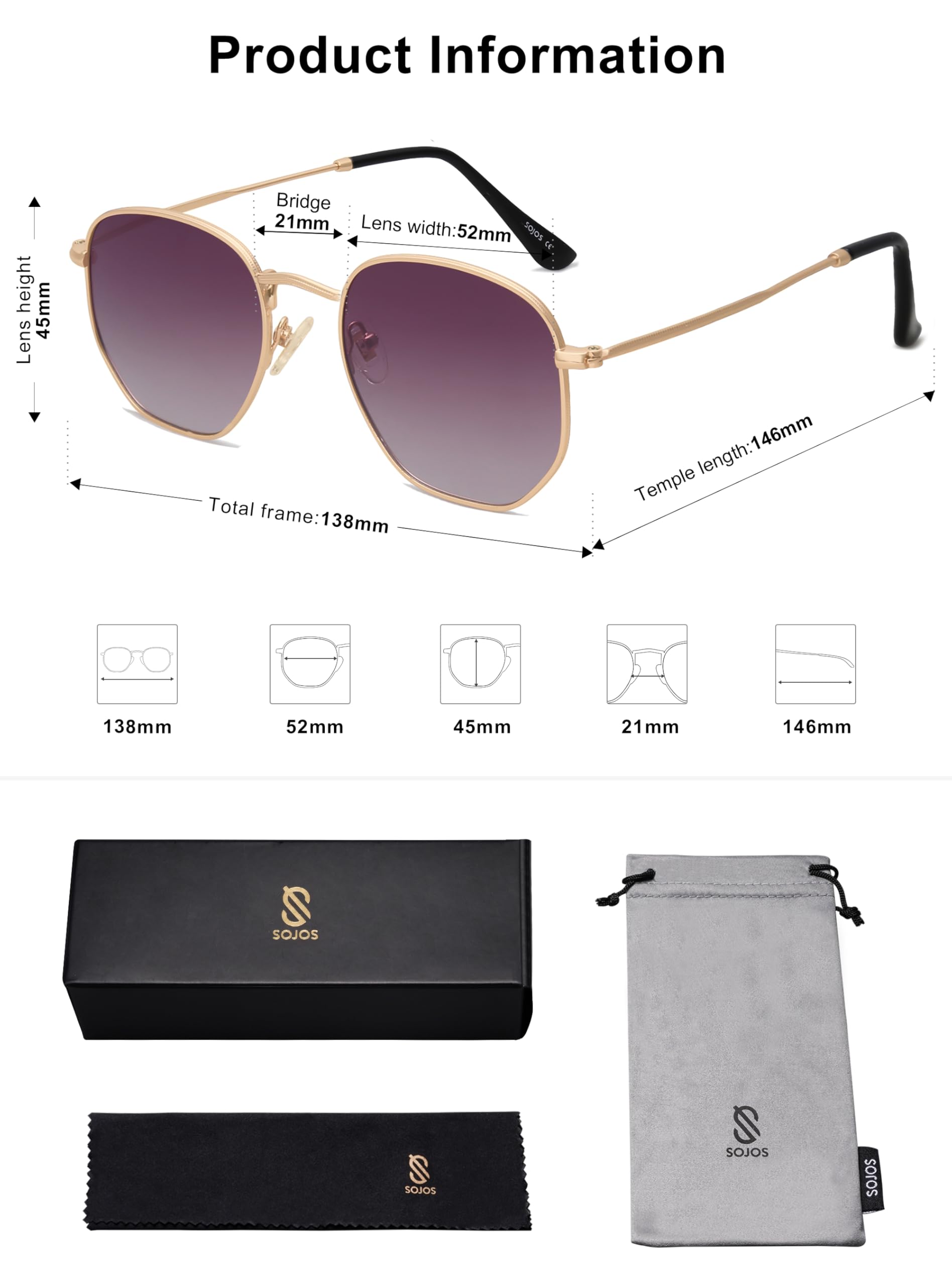 SOJOS Square Polarized Sunglasses for Women Men Small Hexagonal Polygon Shades SJ1072