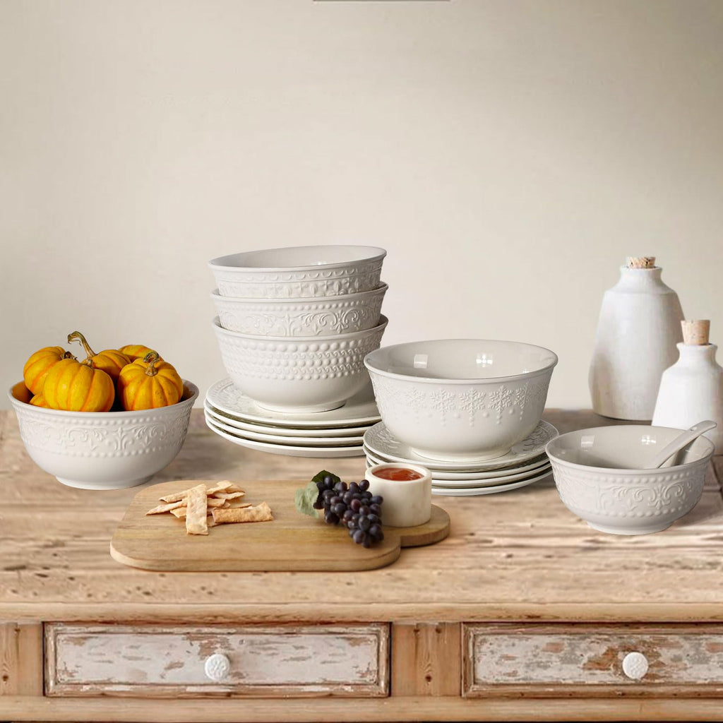 Large Salad Bowls Set of 4, 60oz White Serving Bowls Deep Deep Embossed Ceramic Mixing Bowl for Soup Kitchen, Eating, Ramen, Pasta, Dishwasher & Microwave Safe 8 inch (Multiple Patterns)