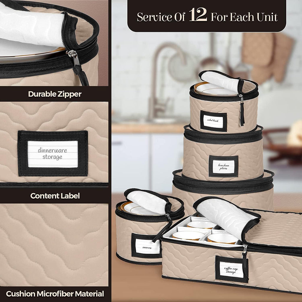 China Storage Containers 5-Piece Set Moving Boxes for Dinnerware, Glasses, Plates, Mugs and Saucers Sturdy Quilted Microfiber Dish Organizer with Dividers for Seasonal Storage - Holds Set of 12