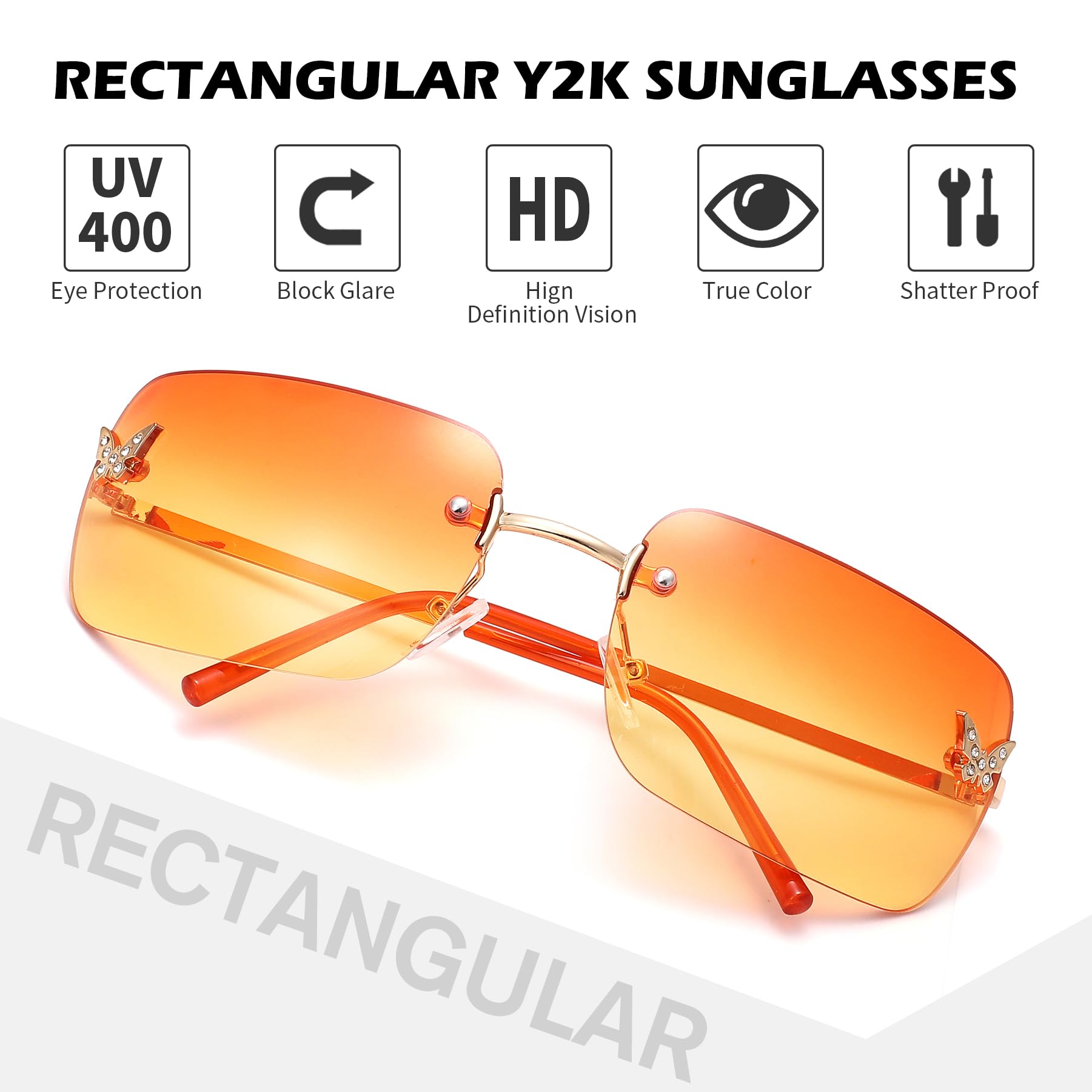 Rectangle Rimless Sunglasses for Women Retro Trendy Square Sun Glasses Vintage Shades