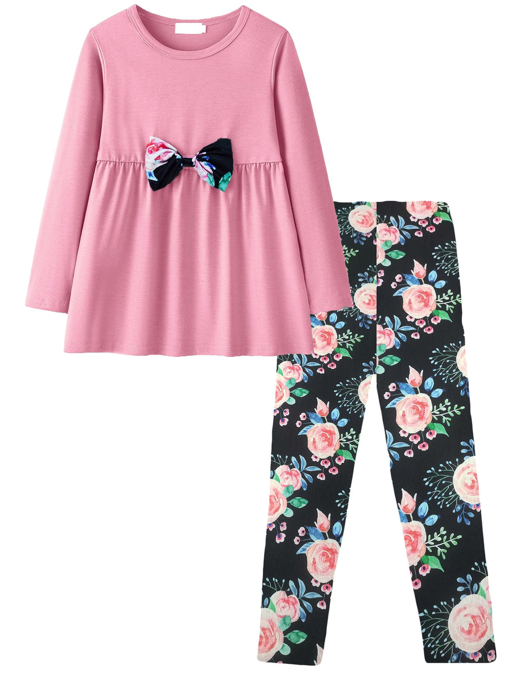 Yekaty Girls Clothing Set 2 Pcs Floral Soft Crewneck Long Sleeve Top+Leggings Loose Outfits With Bowknot