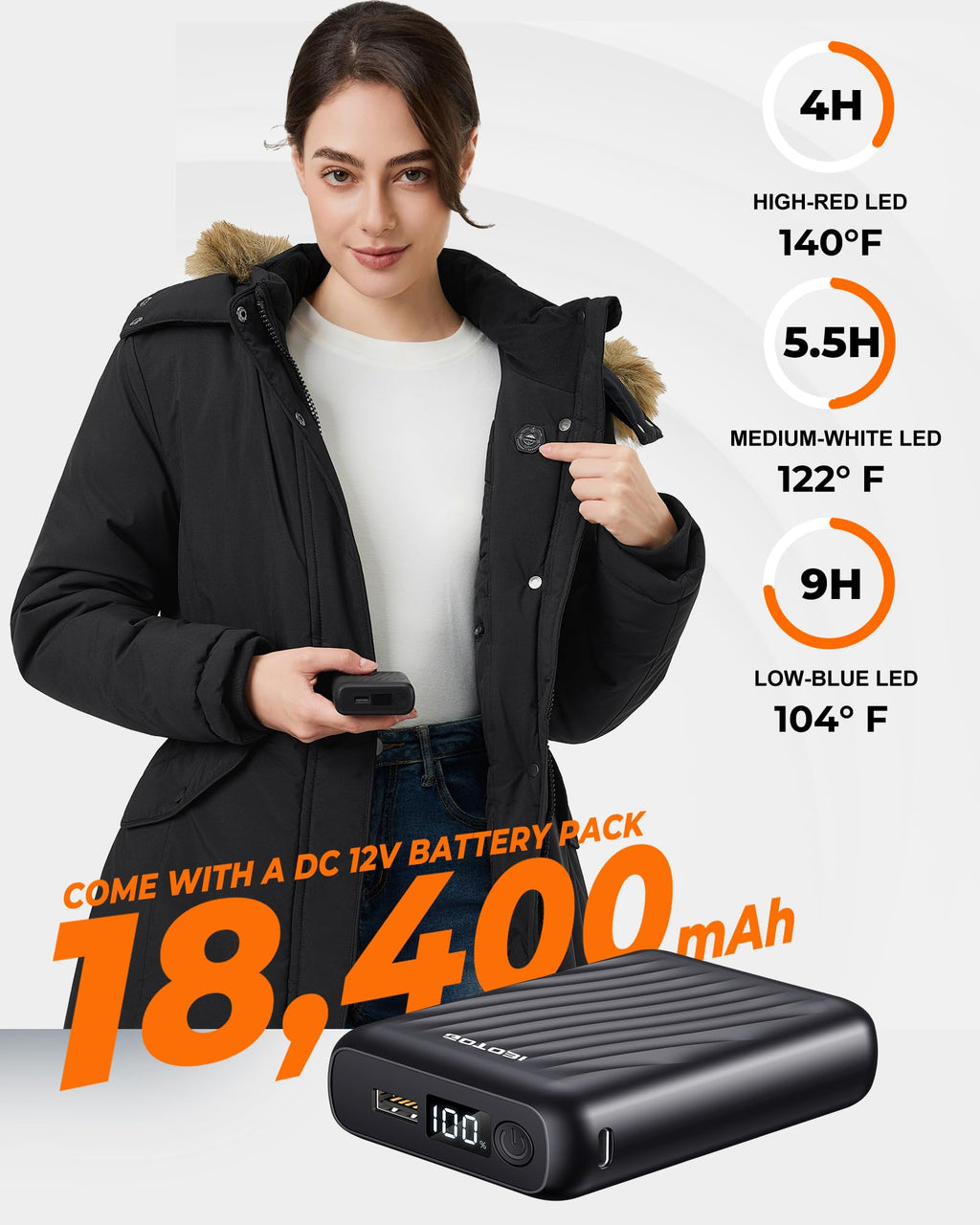 Graphene Long Heated Jacket for Women with 18400mAh 12V Battery Pack, Womens Parka Coat with Faux Fur Detachable Hood