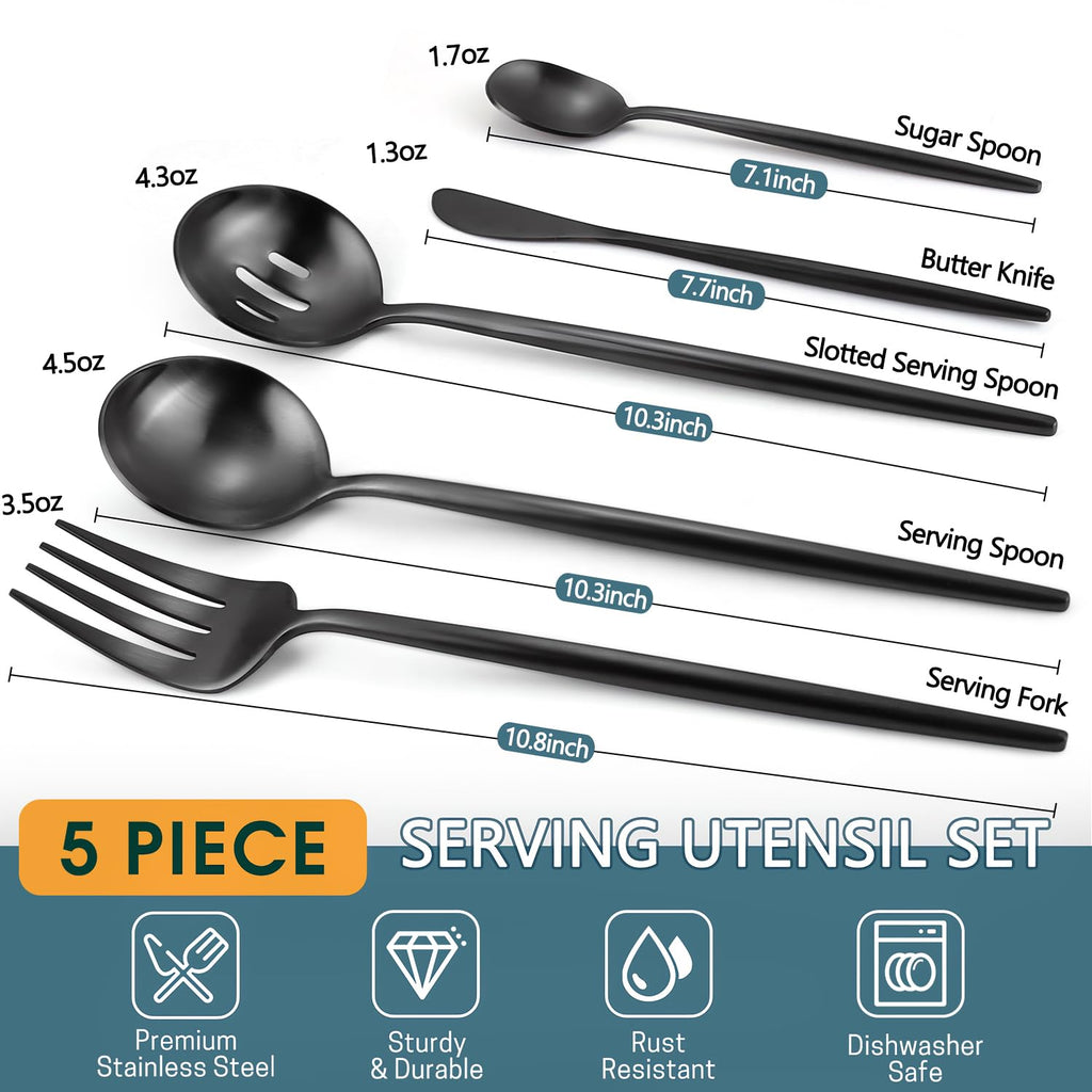 Gold Stainless Steel Serving Utensils Set, 5 Pcs - 10.8 Inch Serving Fork, 10.3 Inch Slotted Spoon, Sugar Spoon, Butter Knife for Buffet