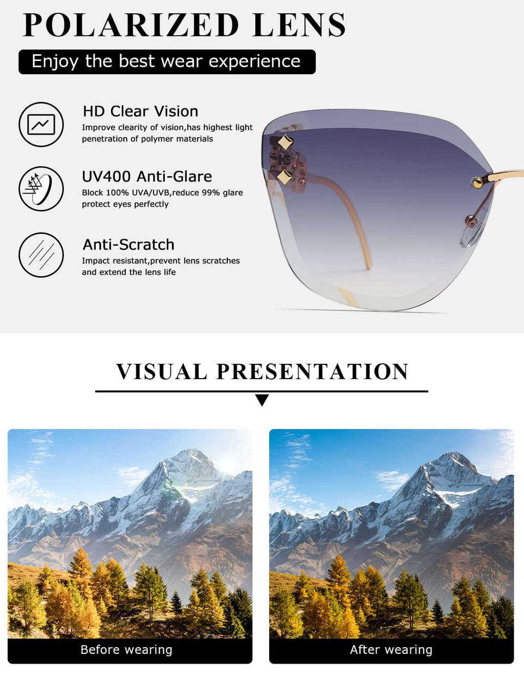 AEVOGUE Sunglasses For Women Oversized Rimless Diamond Cutting Lens Sun Glasses AE0534