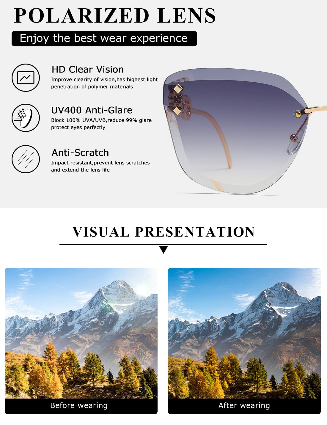 AEVOGUE Sunglasses For Women Oversized Rimless Diamond Cutting Lens Sun Glasses AE0534