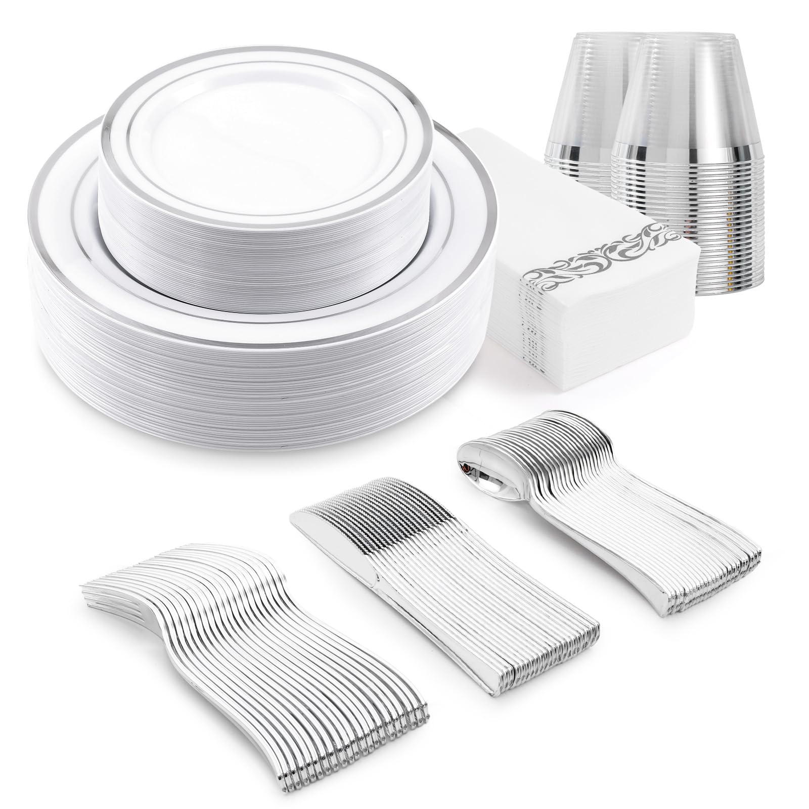 350-Piece Gold Rim Plastic Dinnerware Set for 50 Guests, Elegant Disposable Dinnerware for Party, Wedding. Includes Dinner Plates, Dessert Plates, Gold Silverware, Napkins, Cups