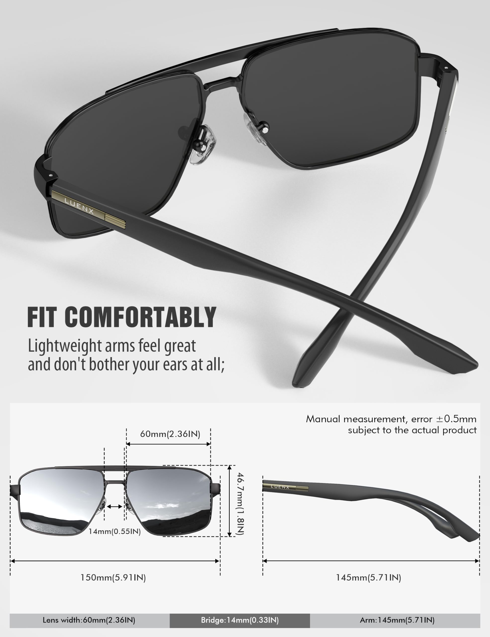 LUENX Aviator Sunglasses for Men Square Polarized Polygon Lens - UV 400 Protection