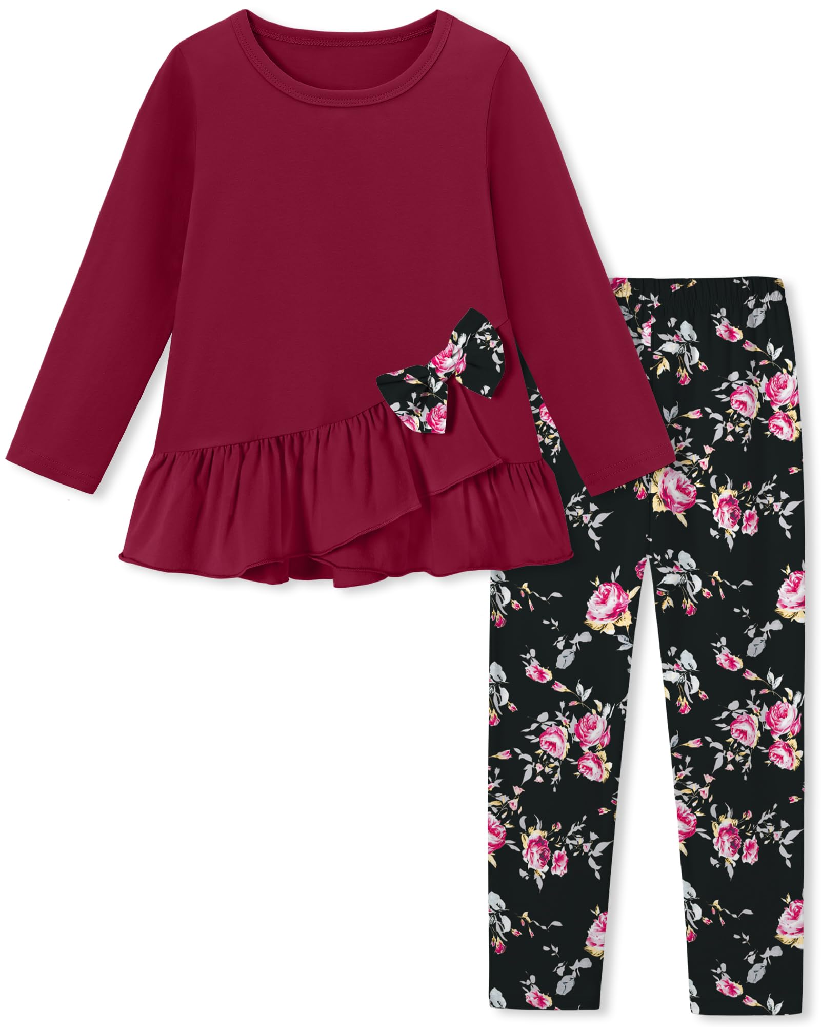 Toddler Girl Clothes 18M-8T Girls Fall Winter Outfit, Long Sleeve Ruffle Bowknot Top + Floral Pants 2Pcs Clothing Set