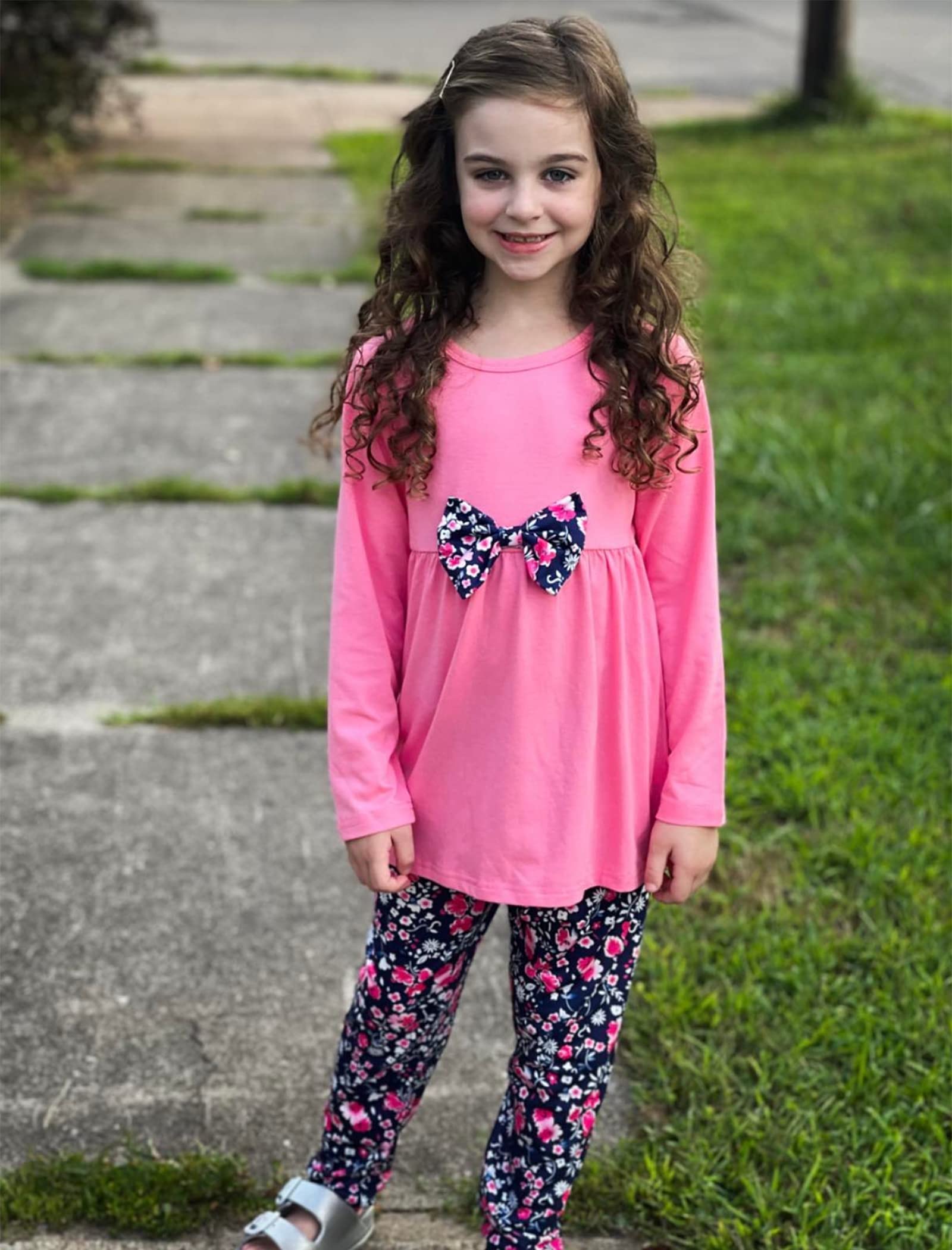 Yekaty Girls Clothing Set 2 Pcs Floral Soft Crewneck Long Sleeve Top+Leggings Loose Outfits With Bowknot