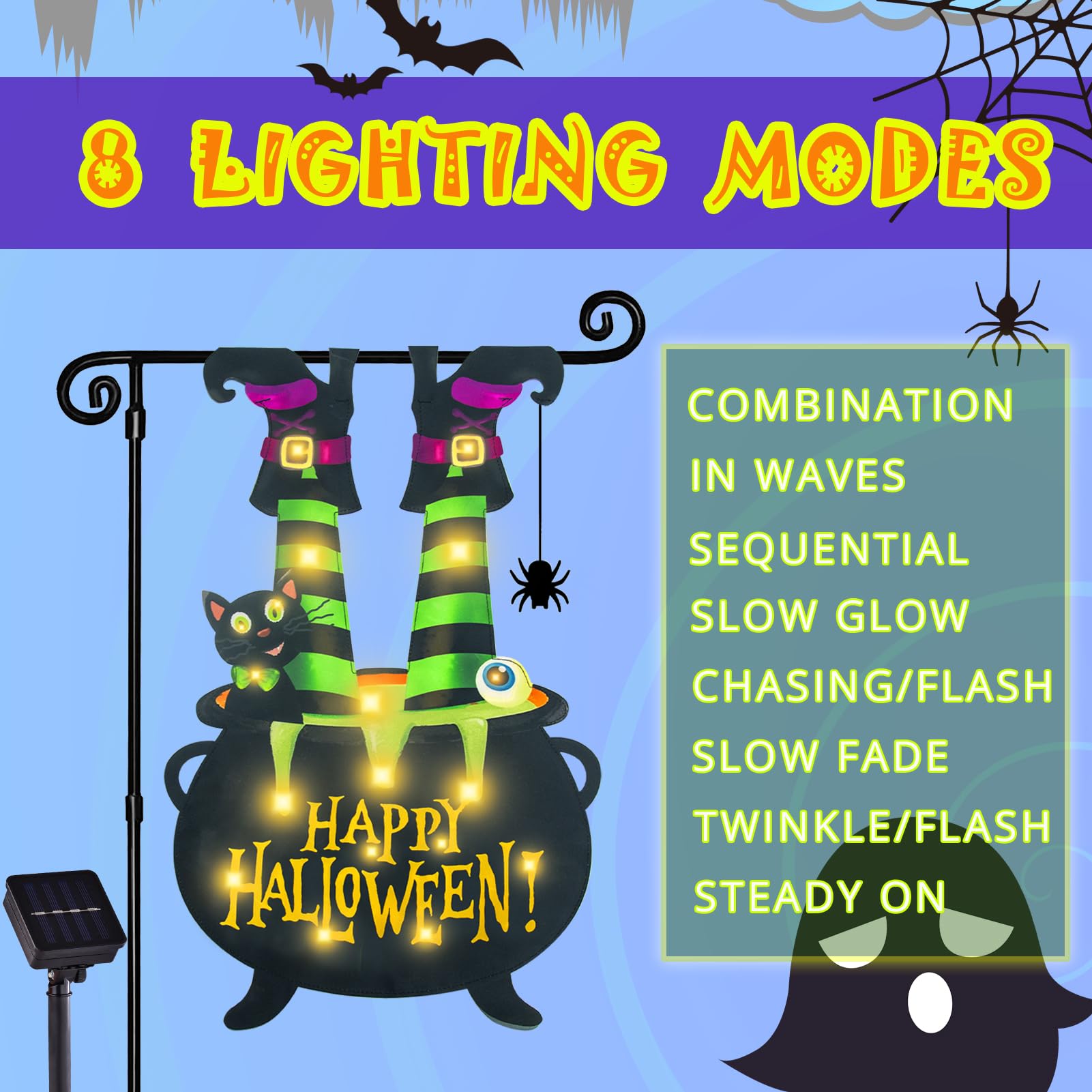 Halloween Lighted Garden Flag for Outside, Led Solar Yard Flag 8 Modes Witch Feet Shape Flag, 12x18 Double Sided Cauldron Eyeball Black Cat Decorations for Home Porch