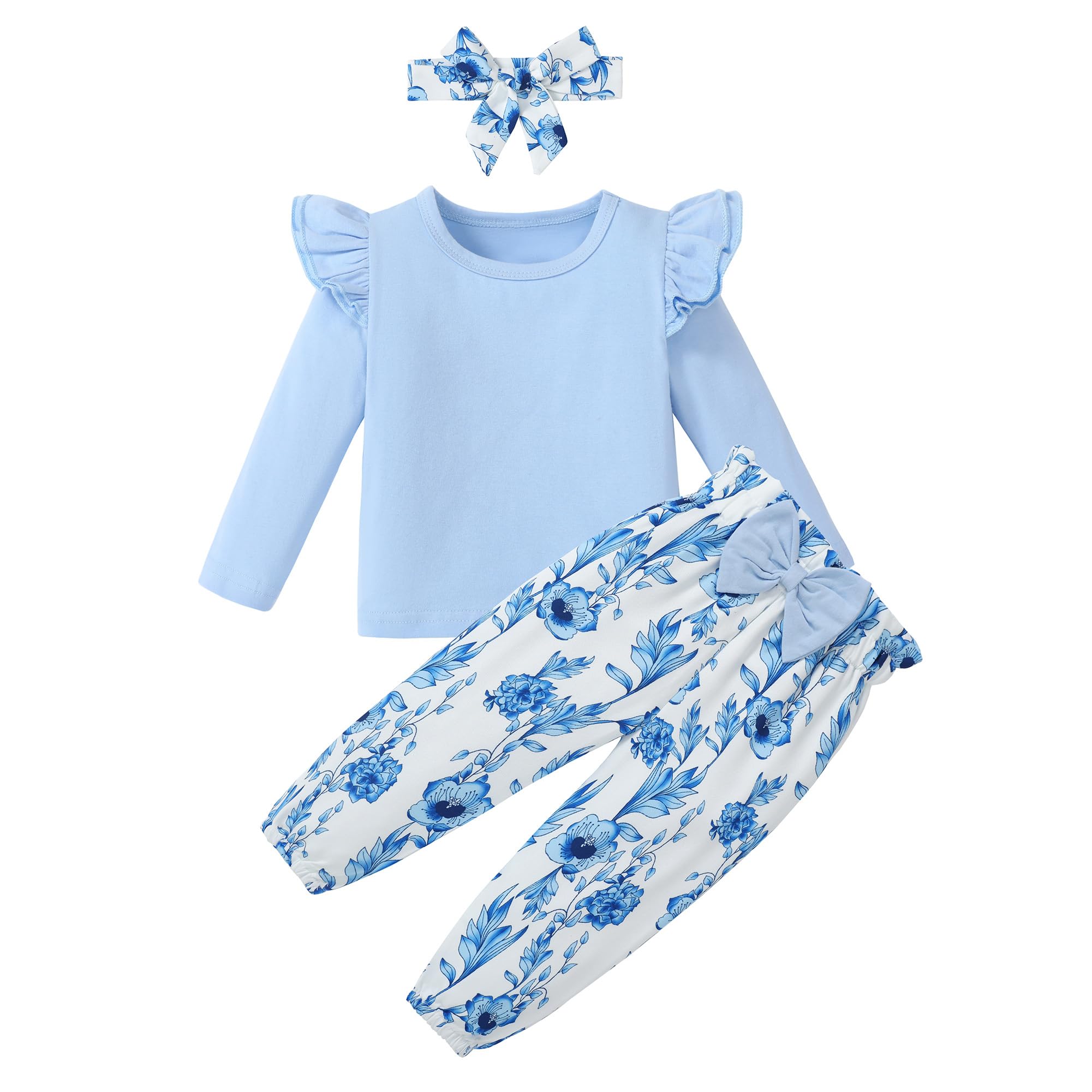 SANMIO Toddler Girl Clothes Outfits Cute Ruffle Sleeve Shirt Floral Pant+Headband 3Pcs Baby Girl Clothing Set 1-6T