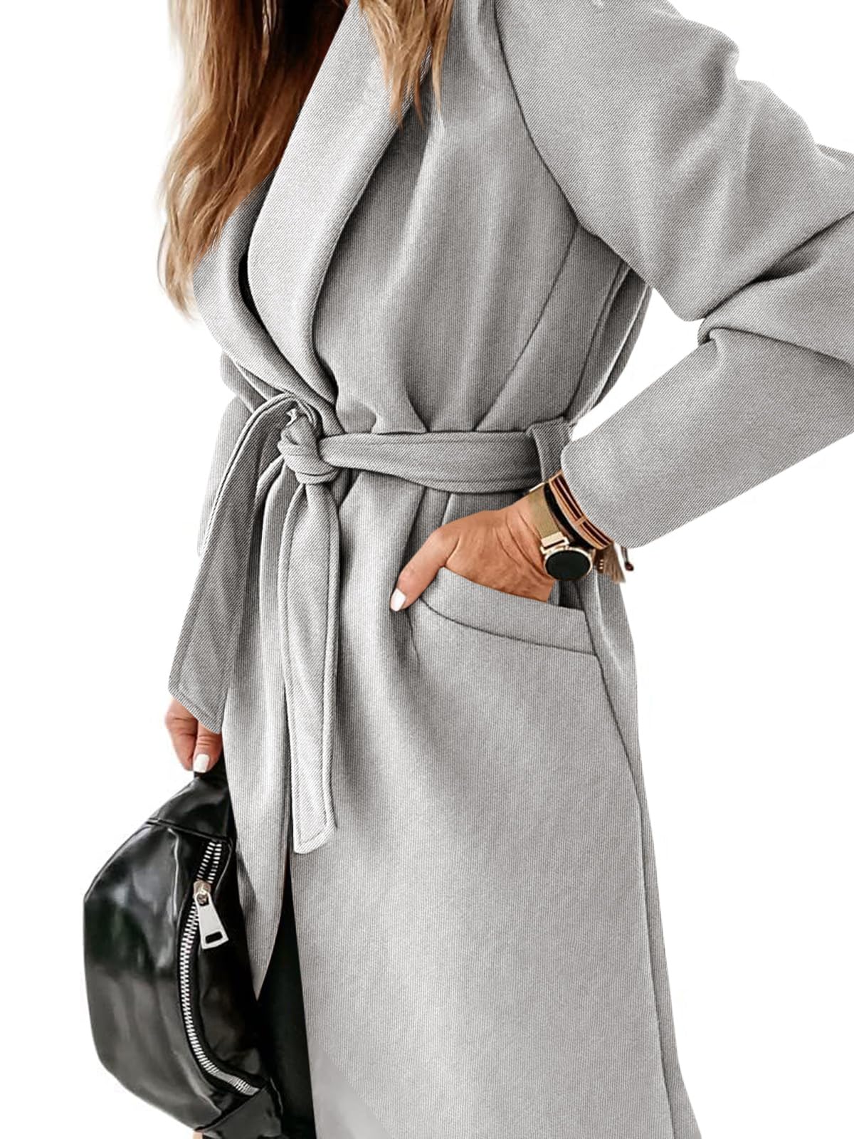 Womens Classic Coat Lapel Collar Open Front Belted Long Jacket