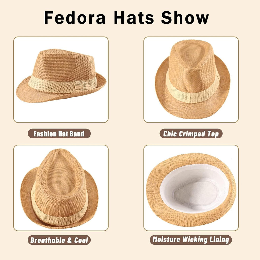 Forwe 4 Pack Straw Fedora Hat for Men Women Short Brim Trilby Hat Classic Panama Summer Beach Sun Hat