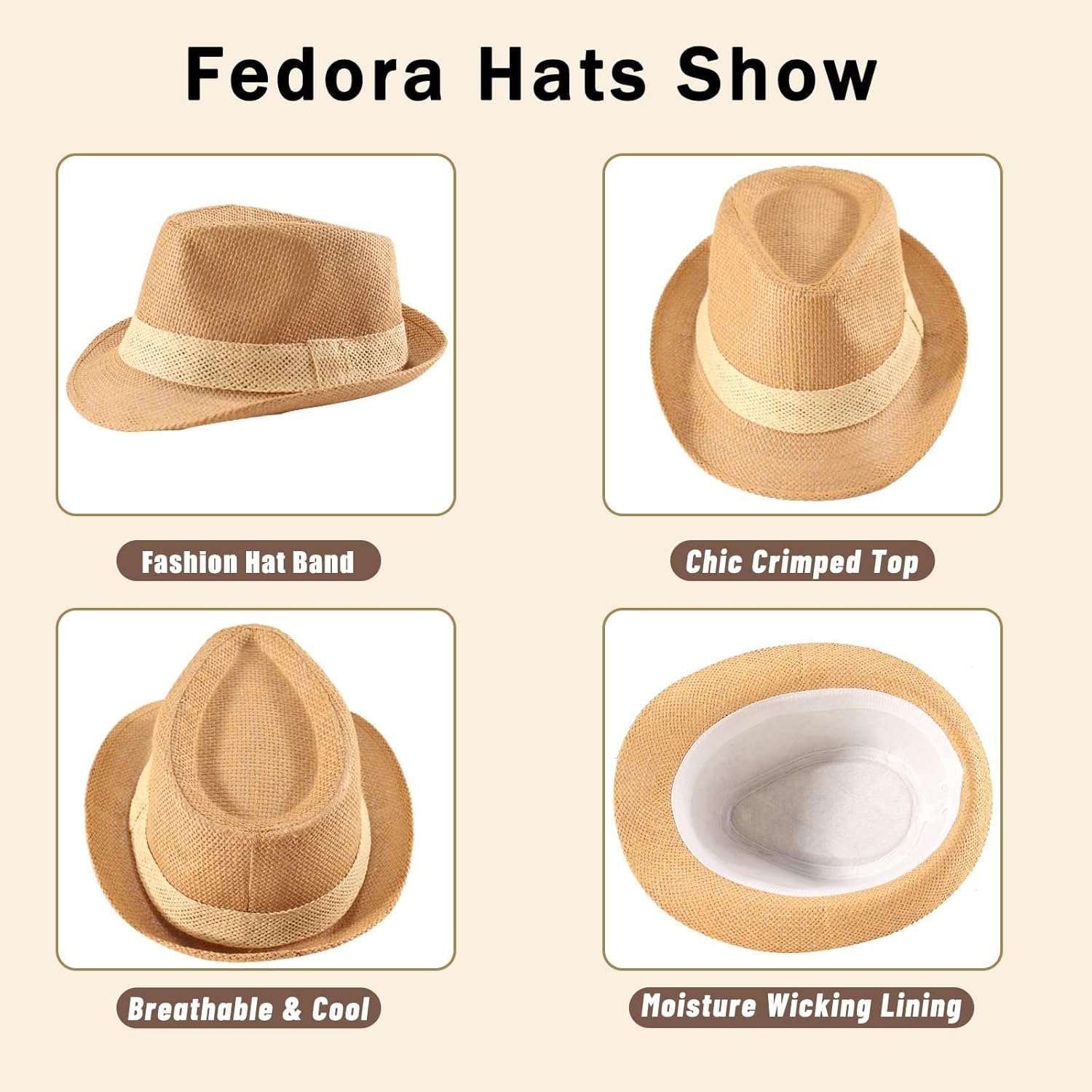 Forwe 4 Pack Straw Fedora Hat for Men Women Short Brim Trilby Hat Classic Panama Summer Beach Sun Hat