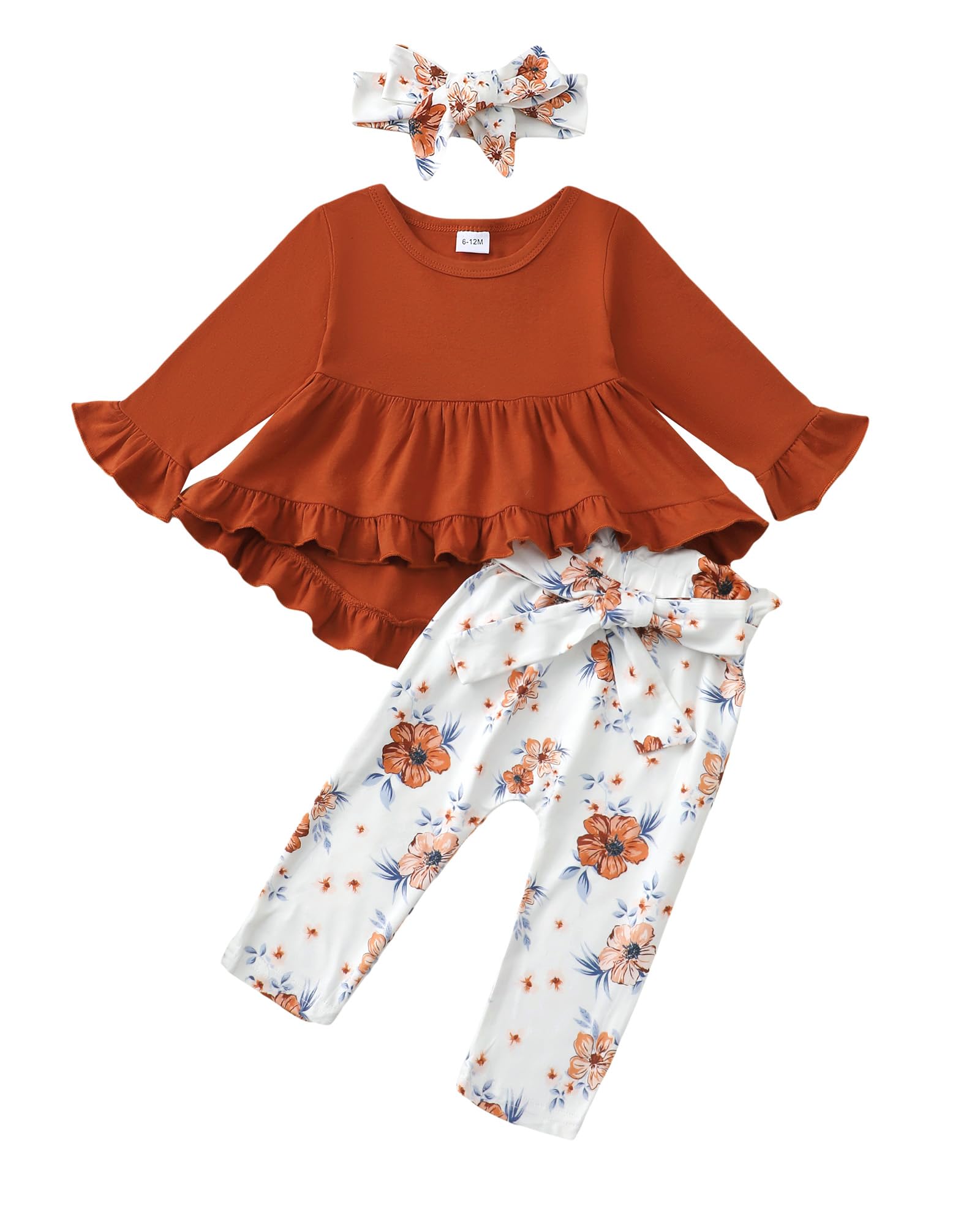 Kucnuzki Baby Girl Clothes Toddler Girl Outfit Ruffle Sleeve Shirt Floral Pant Set Fall Winter Clothing for Girl