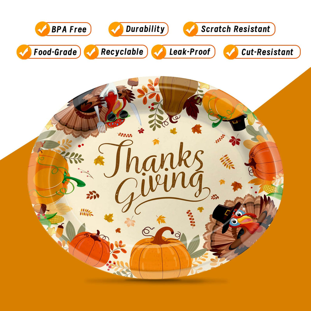 50 Pack Oval Thanksgiving Plates 12 x 10 Inch Thanksgiving Paper Plates Heavy Duty - Large Disposable Dinner Platters,Turkey Pumpkin Autumn Fall Harvest Thanksgiving Party Decor