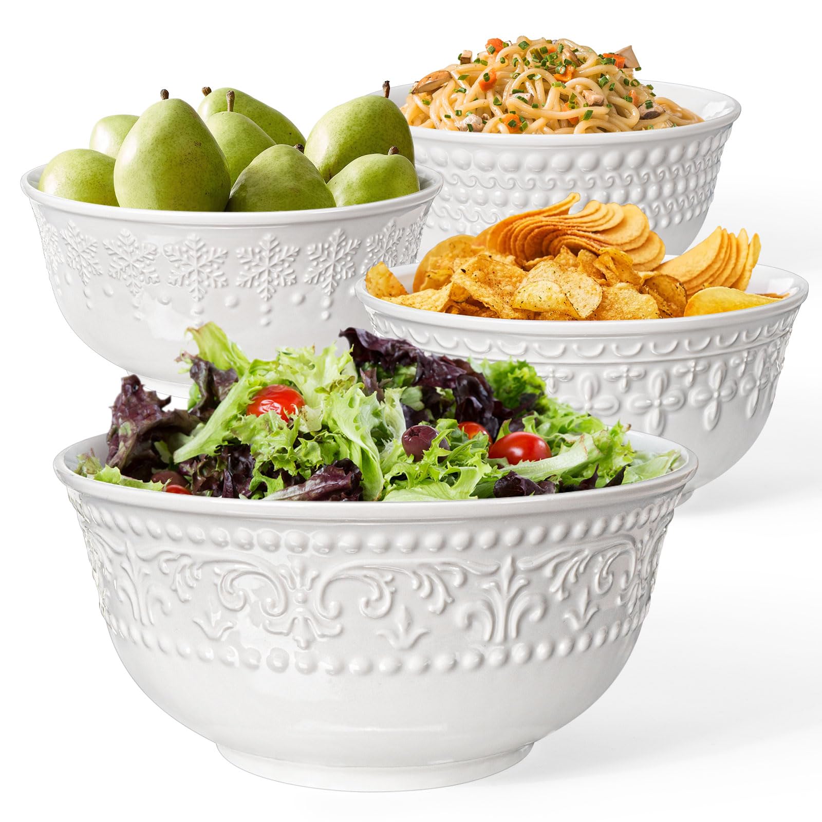 Large Salad Bowls Set of 4, 60oz White Serving Bowls Deep Deep Embossed Ceramic Mixing Bowl for Soup Kitchen, Eating, Ramen, Pasta, Dishwasher & Microwave Safe 8 inch (Multiple Patterns)