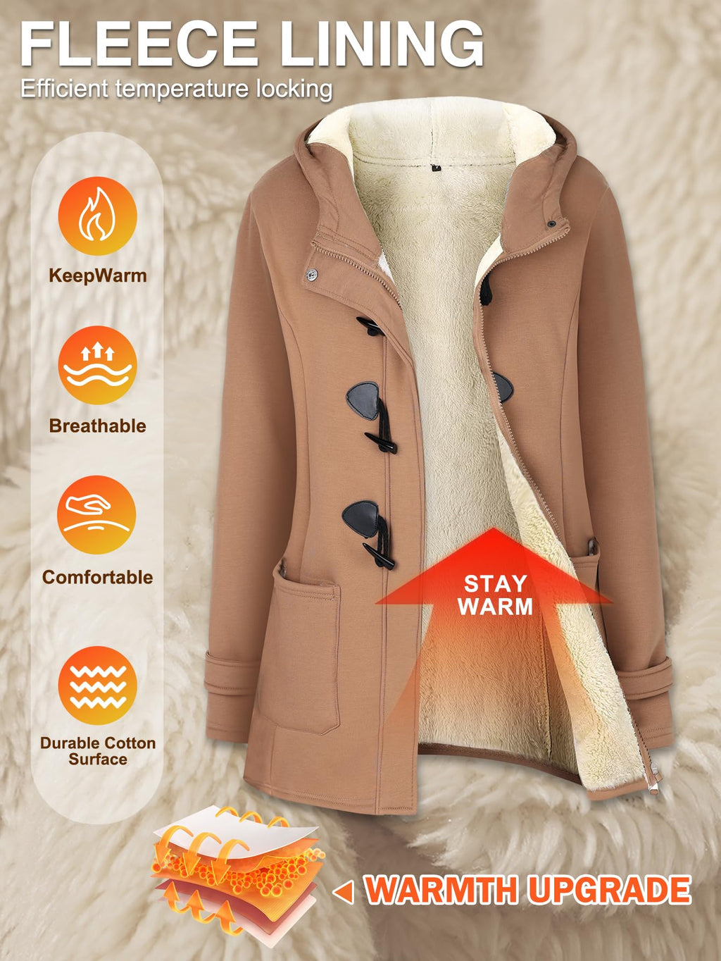 Gihuo Winter Jackets for Women Sherpa Lined Jacket Women Duffle Toggle Coat Hooded Fleece Jacket