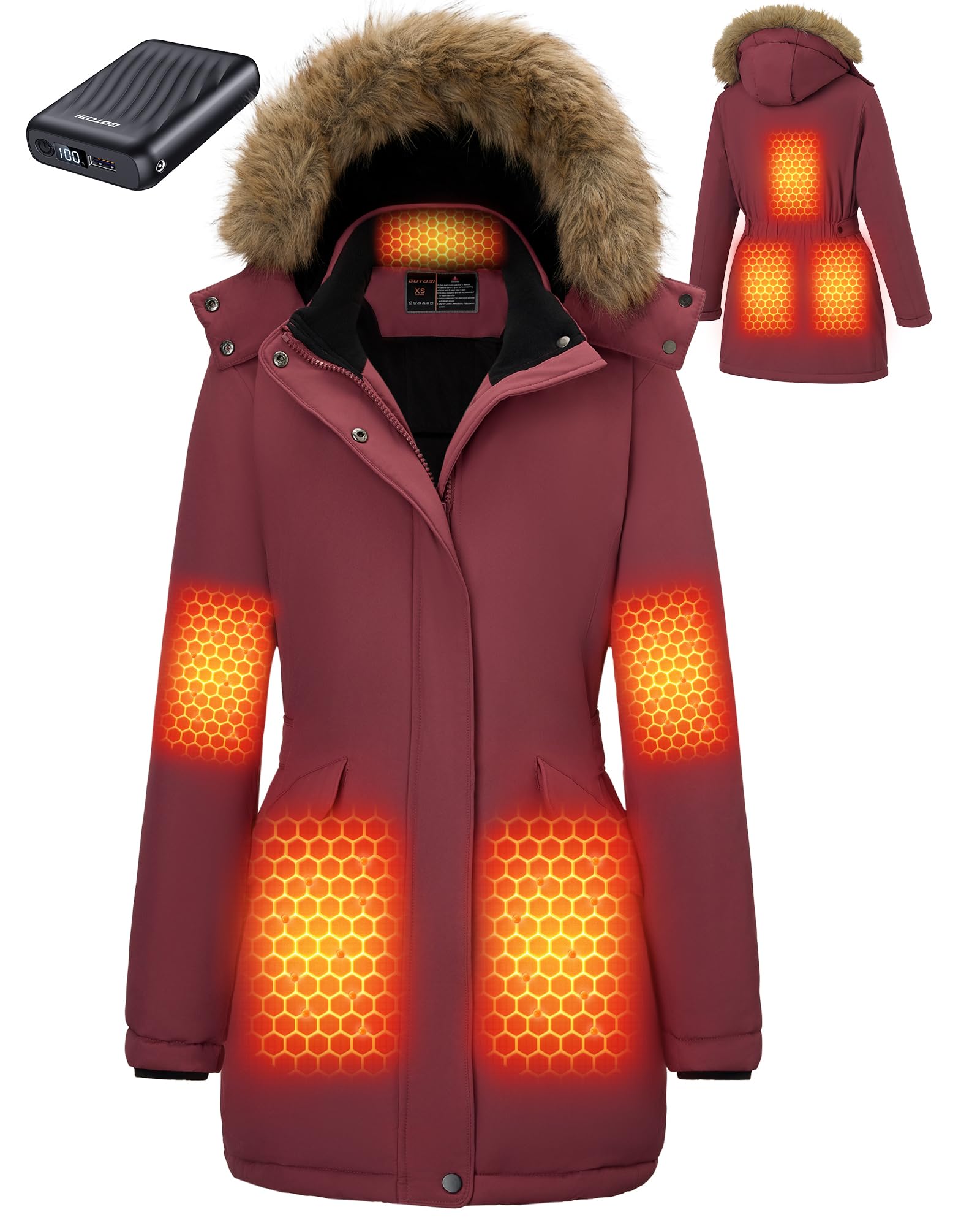 Graphene Long Heated Jacket for Women with 18400mAh 12V Battery Pack, Womens Parka Coat with Faux Fur Detachable Hood