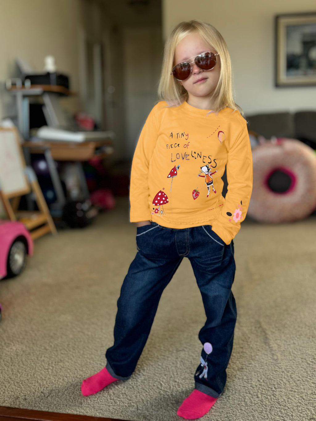 LUKYCILD Toddler Girl Clothes Baby Girl Long Sleeve Top + Jeans Pants with Pockets 2 Piece Outfit Cartoon Clothing Set